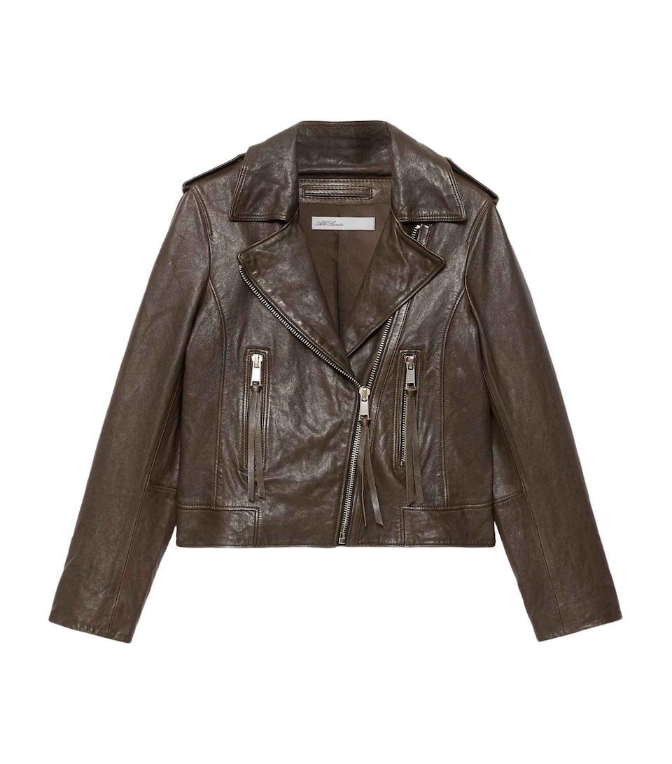AllSaints Womens Errie Leather Biker Jacket Olive Brown