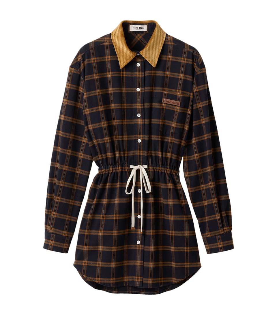 Miu Miu Womens Flannel Check Mini Shirt Dress Blue