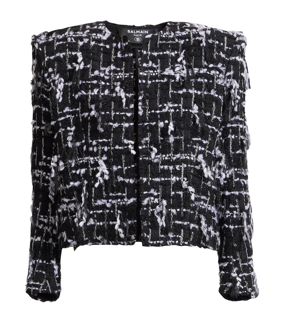 Balmain Womens Frayed Tweed Cropped Jacket Eab Noir/blanc