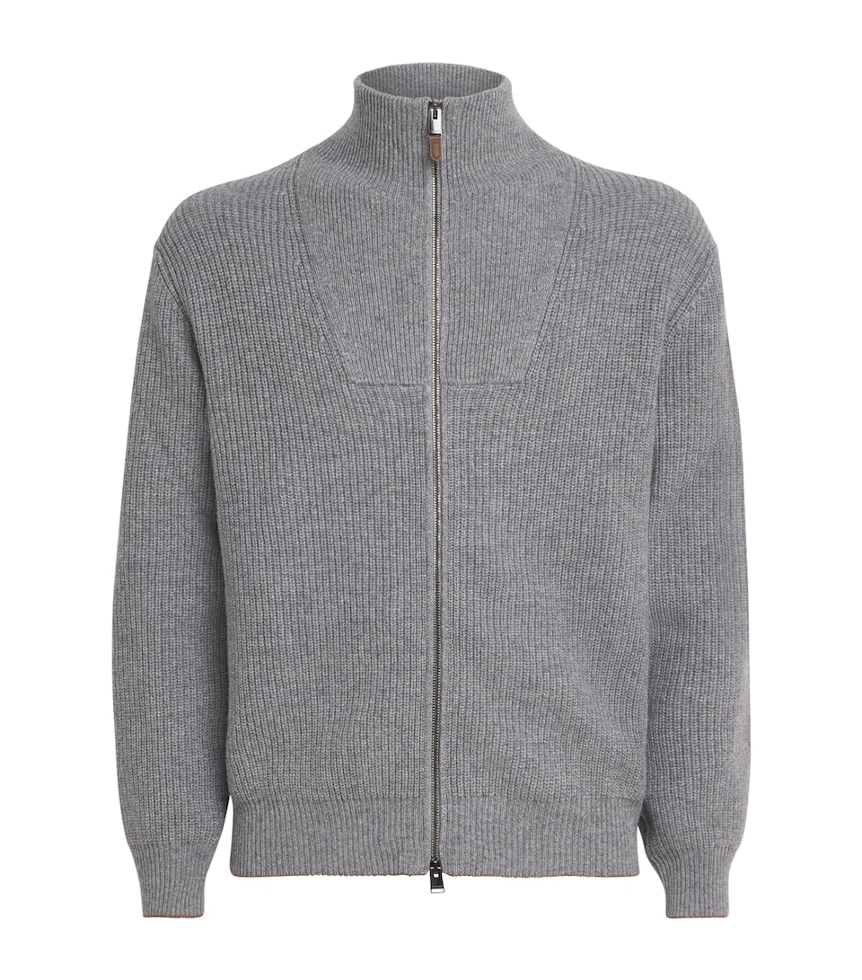 Canali Mens Wool-Cashmere High-Neck Zip-Up Cardigan Grey