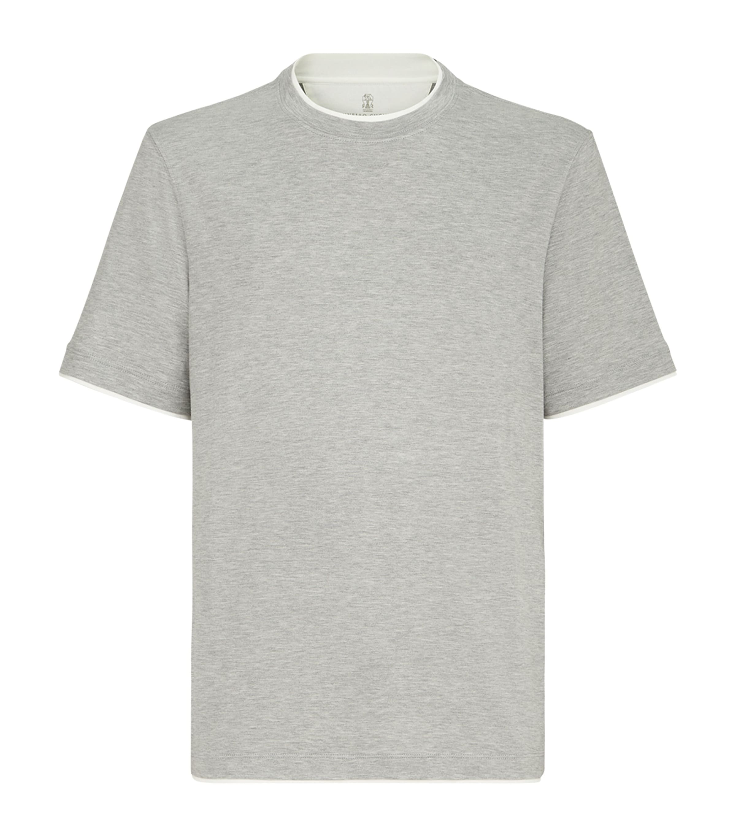 Brunello Cucinelli Mens Silk-Cotton Faux-Layered T-Shirt Grey