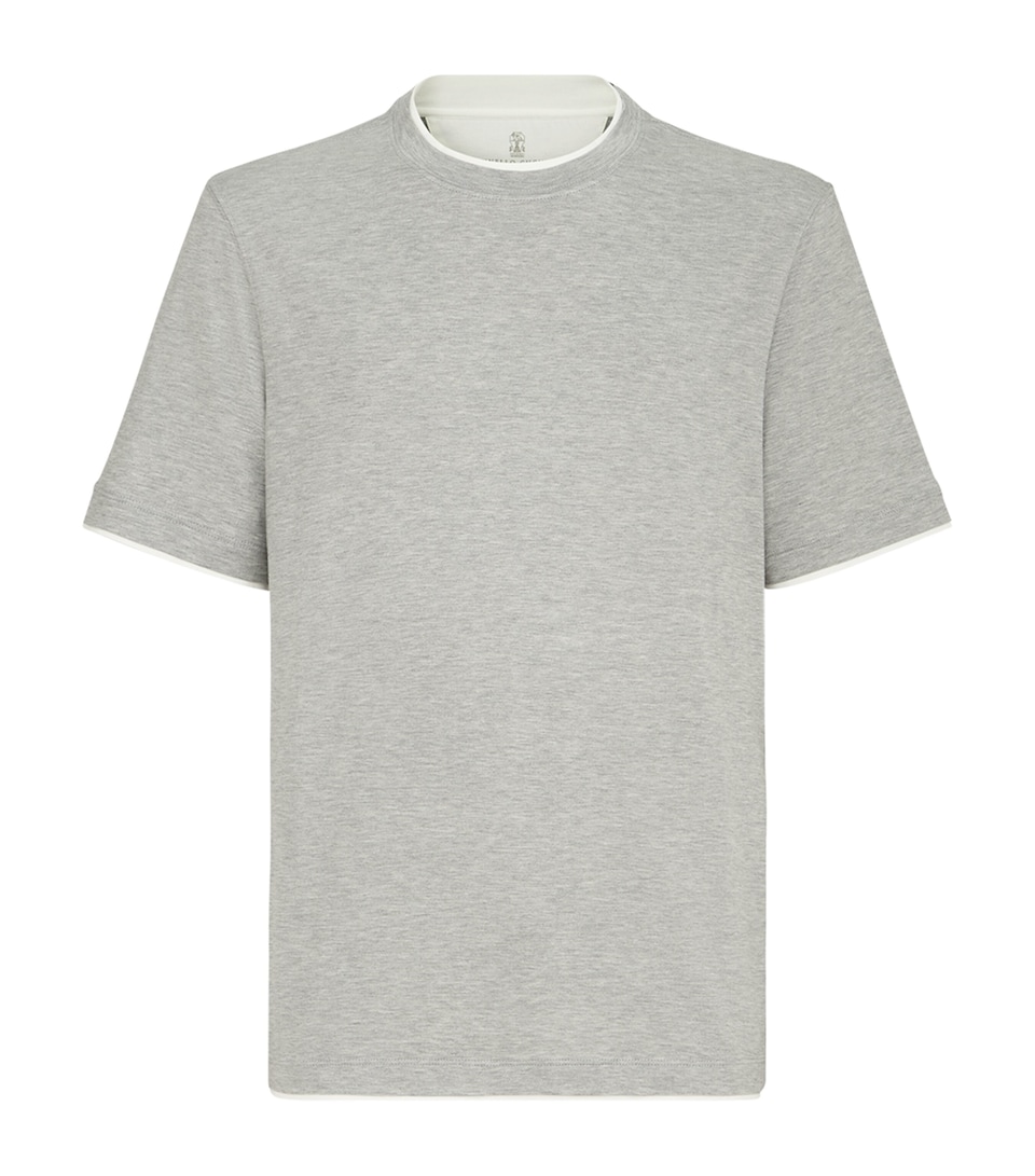 Brunello Cucinelli Mens Silk-Cotton Faux-Layered T-Shirt Grey