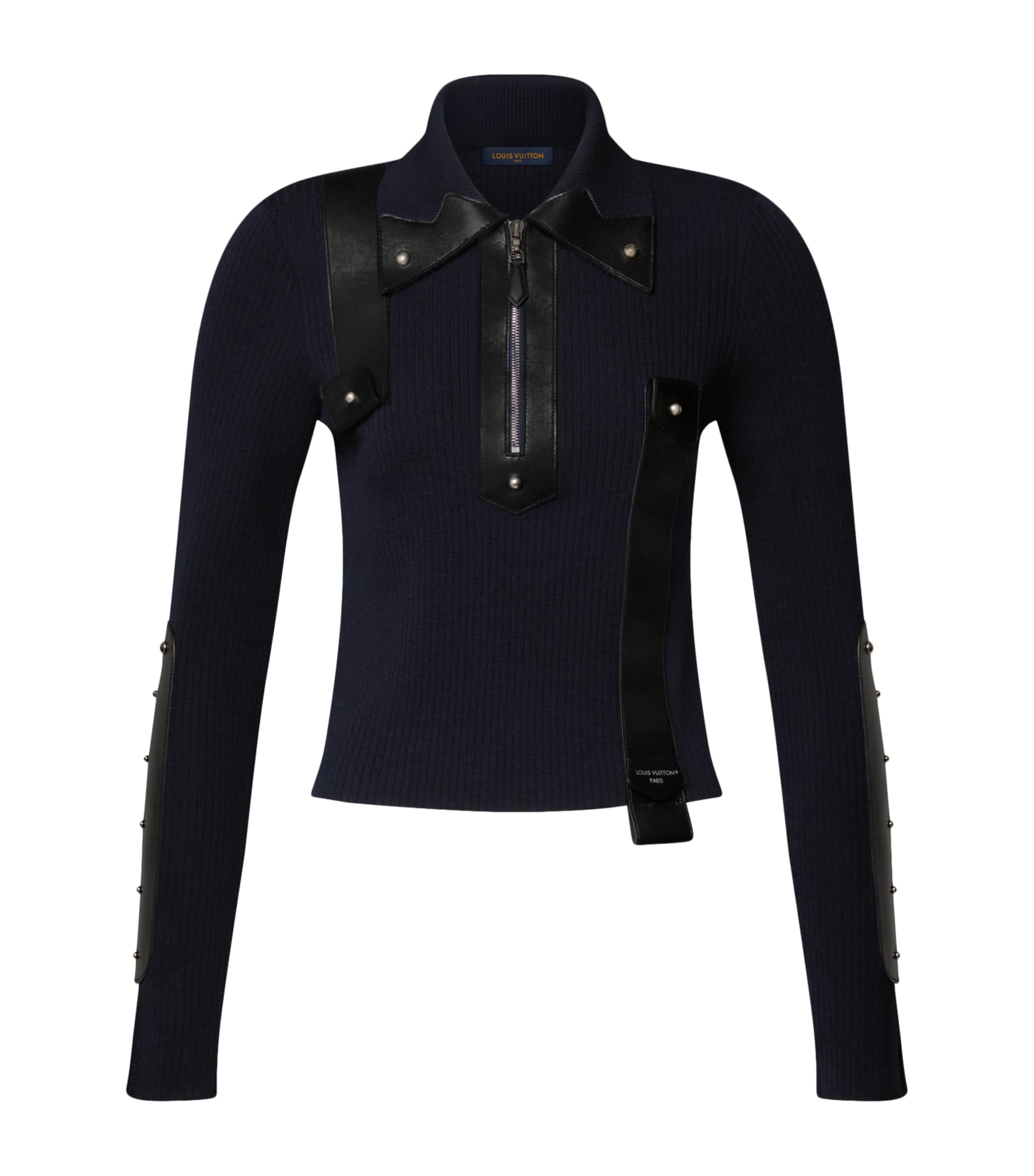 LOUIS VUITTON Womens Wool Leather-Accent Polo Shirt Dark Navy Blue
