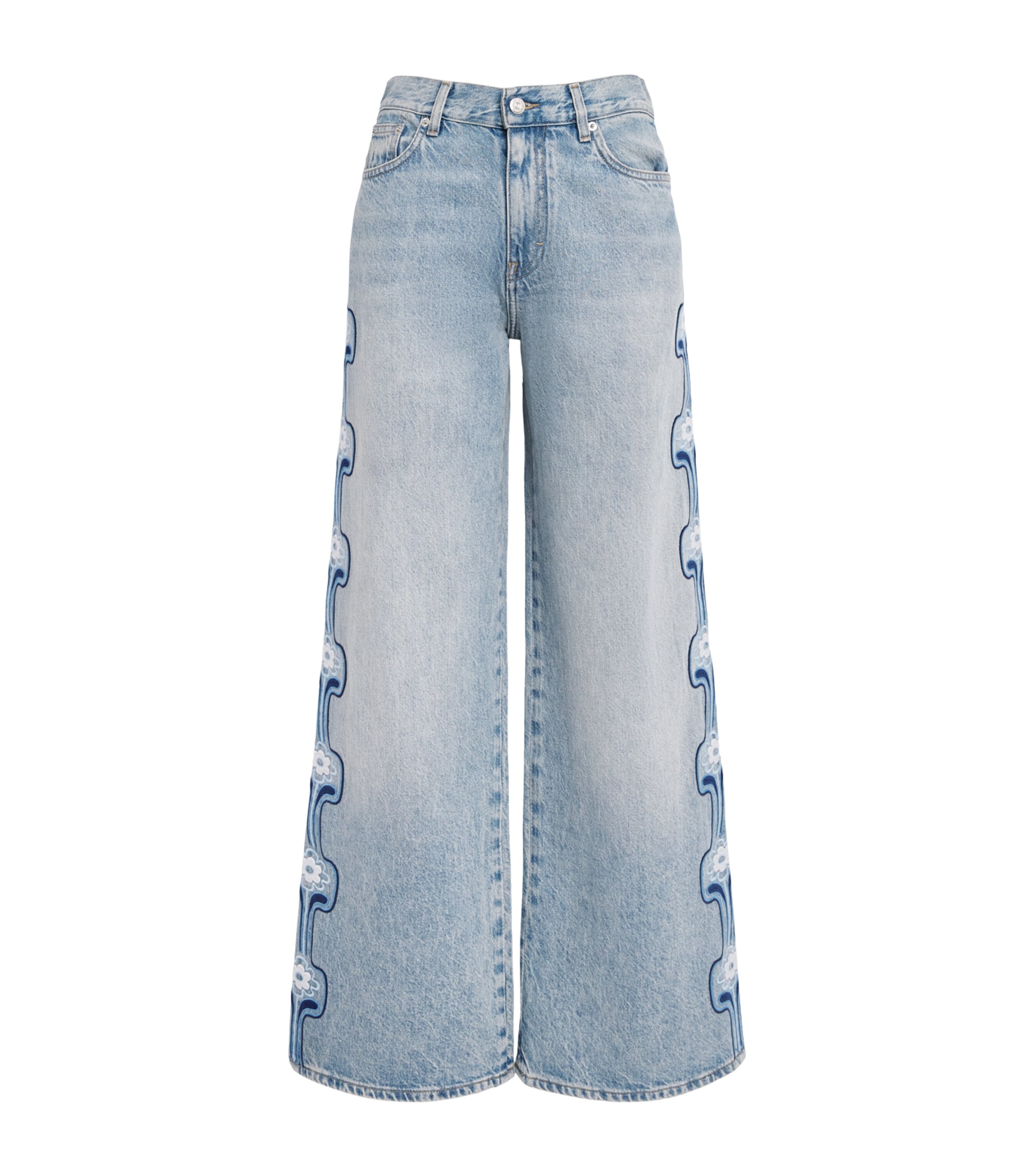 Maje Womens Floral Embroidered High-Rise Wide-Leg Jeans Blue