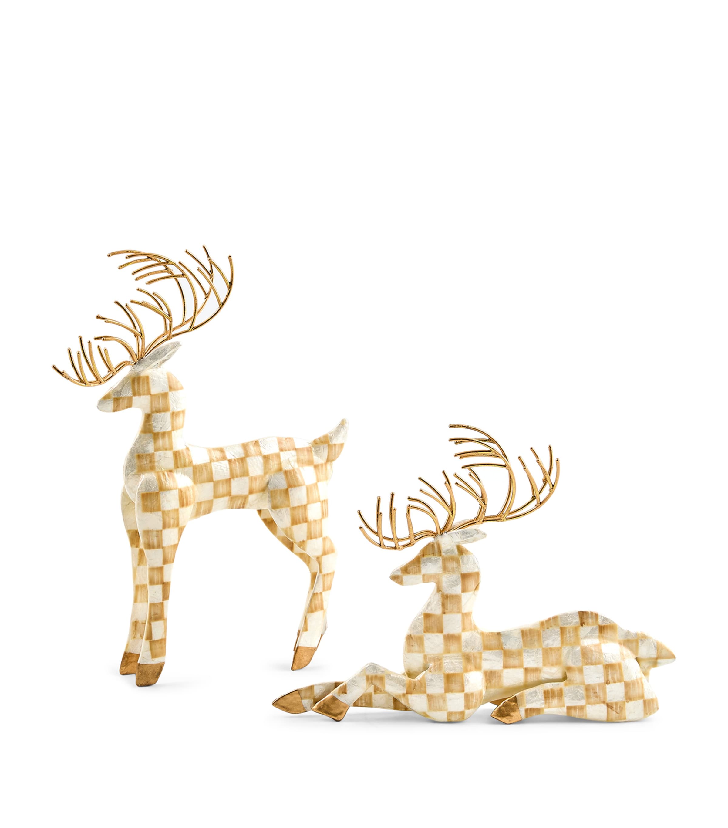 MacKenzie-Childs Capiz Mocha Check Deer Ornaments (Set of 2) Beige