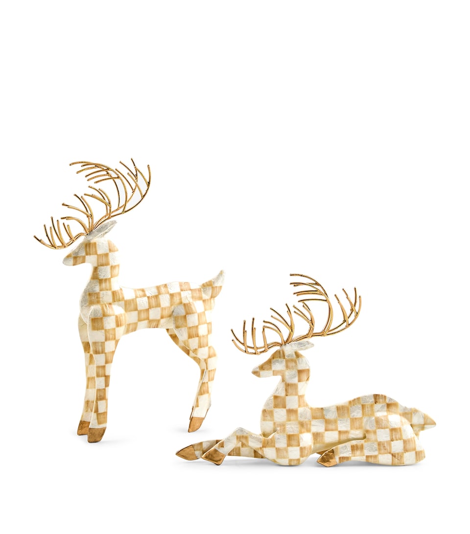 MacKenzie-Childs Capiz Mocha Check Deer Ornaments (Set of 2) Beige