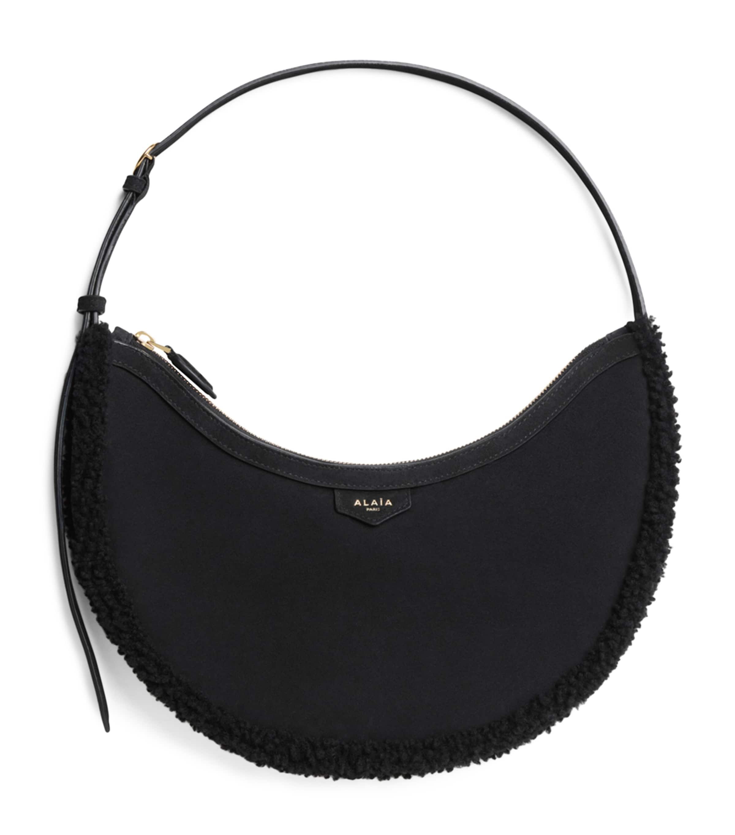Alaïa Small Shearling One Piece Demi Lune Shoulder Bag Black