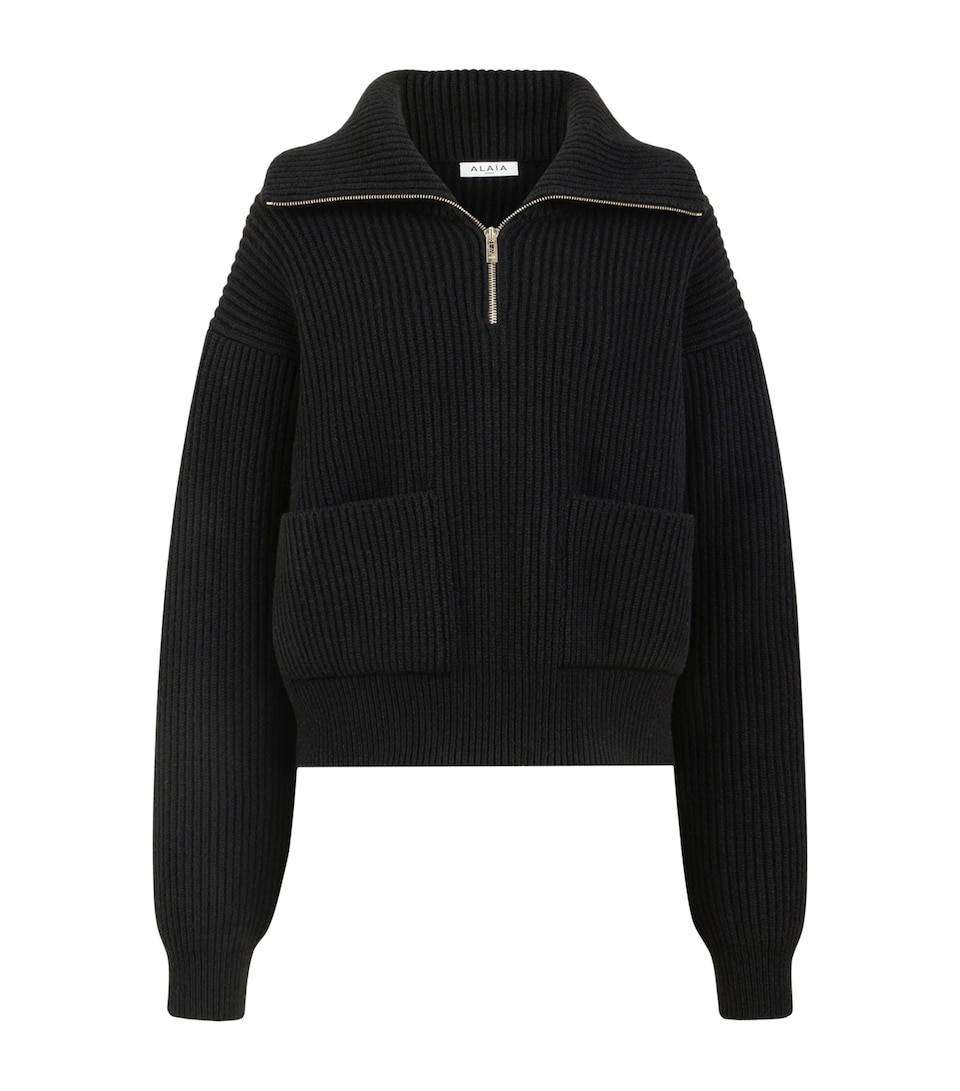Alaïa Womens Wool-Cashmere-Blend Quarter-Zip Sweater Black