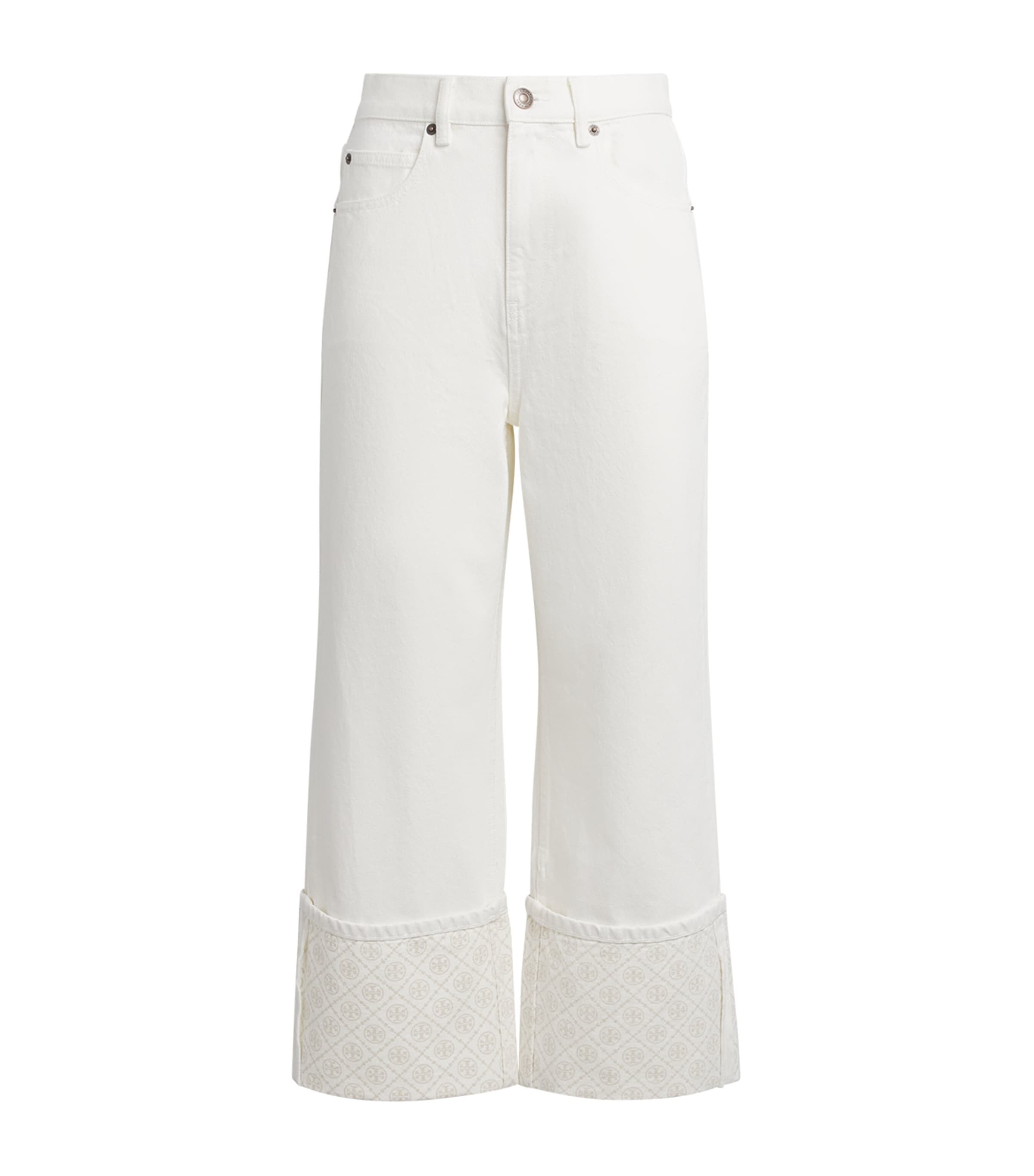 Tory Burch Womens Contrast-Cuff Cropped Straight Jeans White