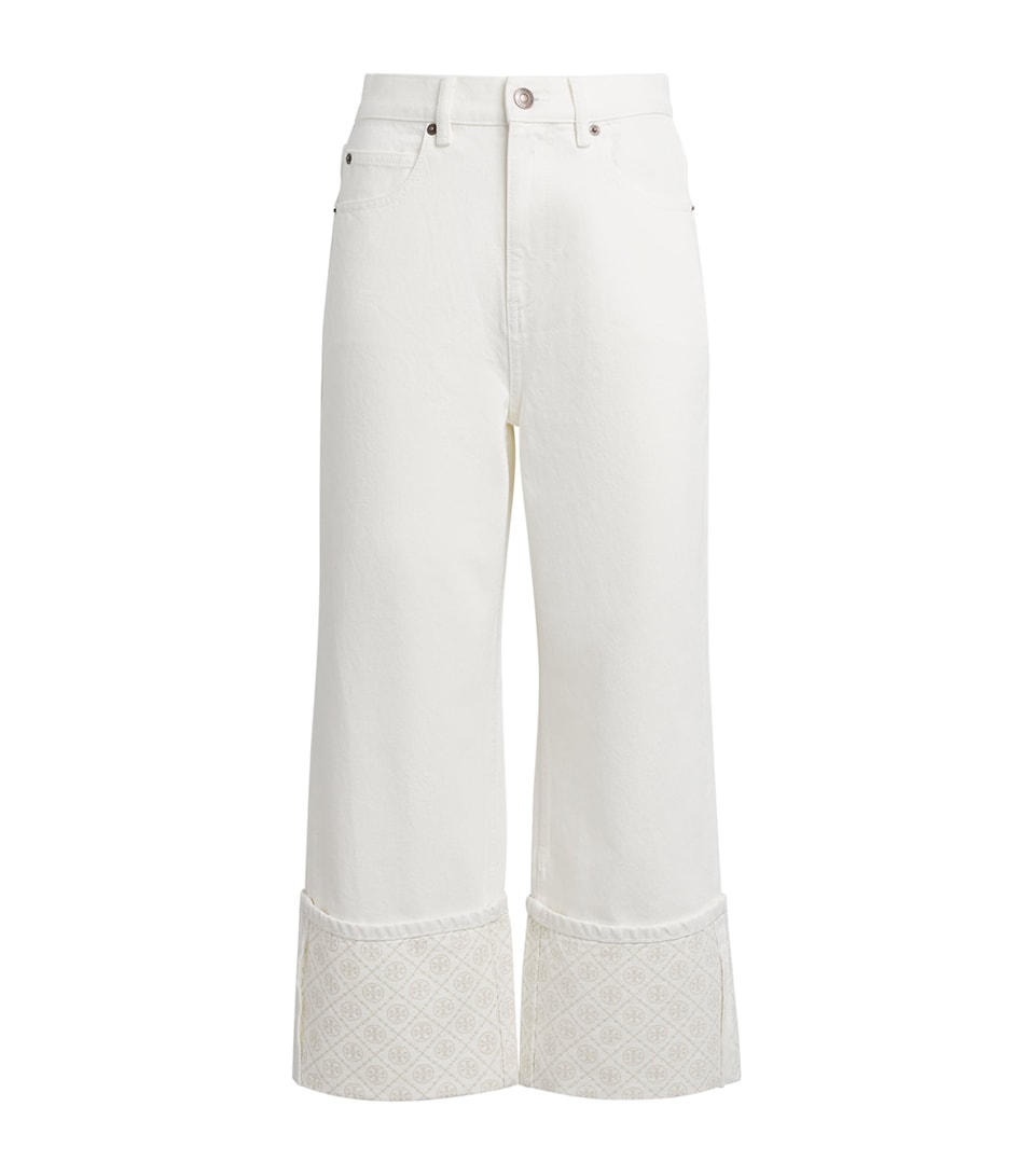 Tory Burch Womens Contrast-Cuff Cropped Straight Jeans White