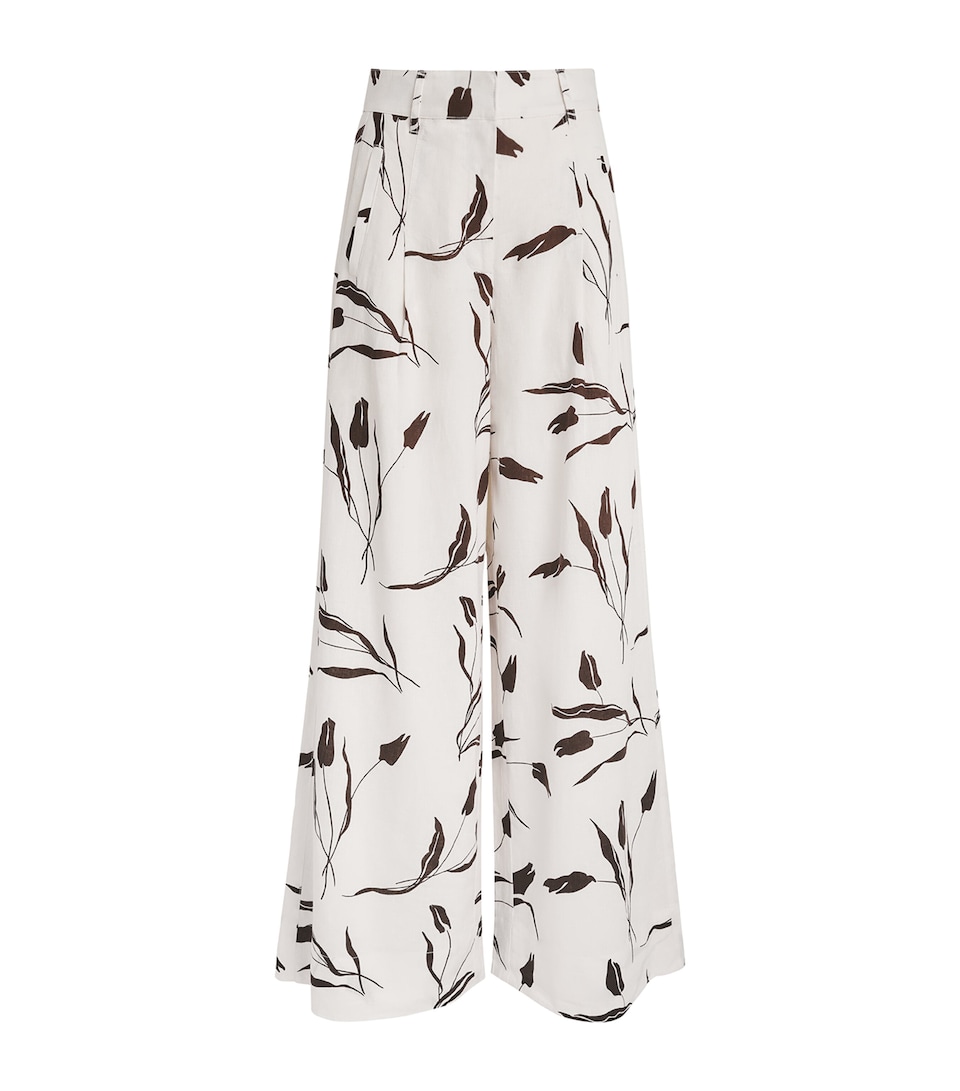 ME+EM Womens Linen-Blend Tulip Print Wide-Leg Trousers Light Cream/brown
