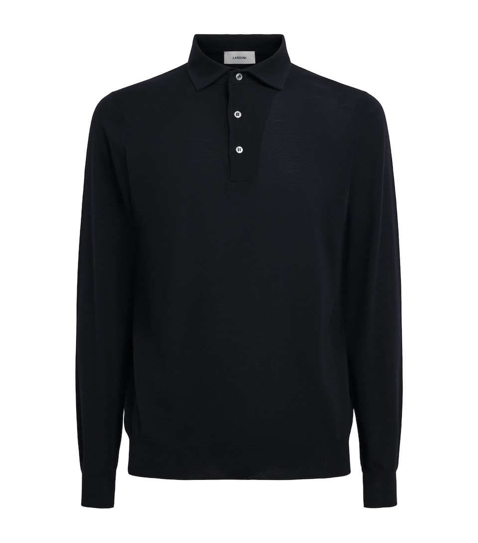 Lardini Mens Virgin Wool Long-Sleeve Polo Shirt Navy