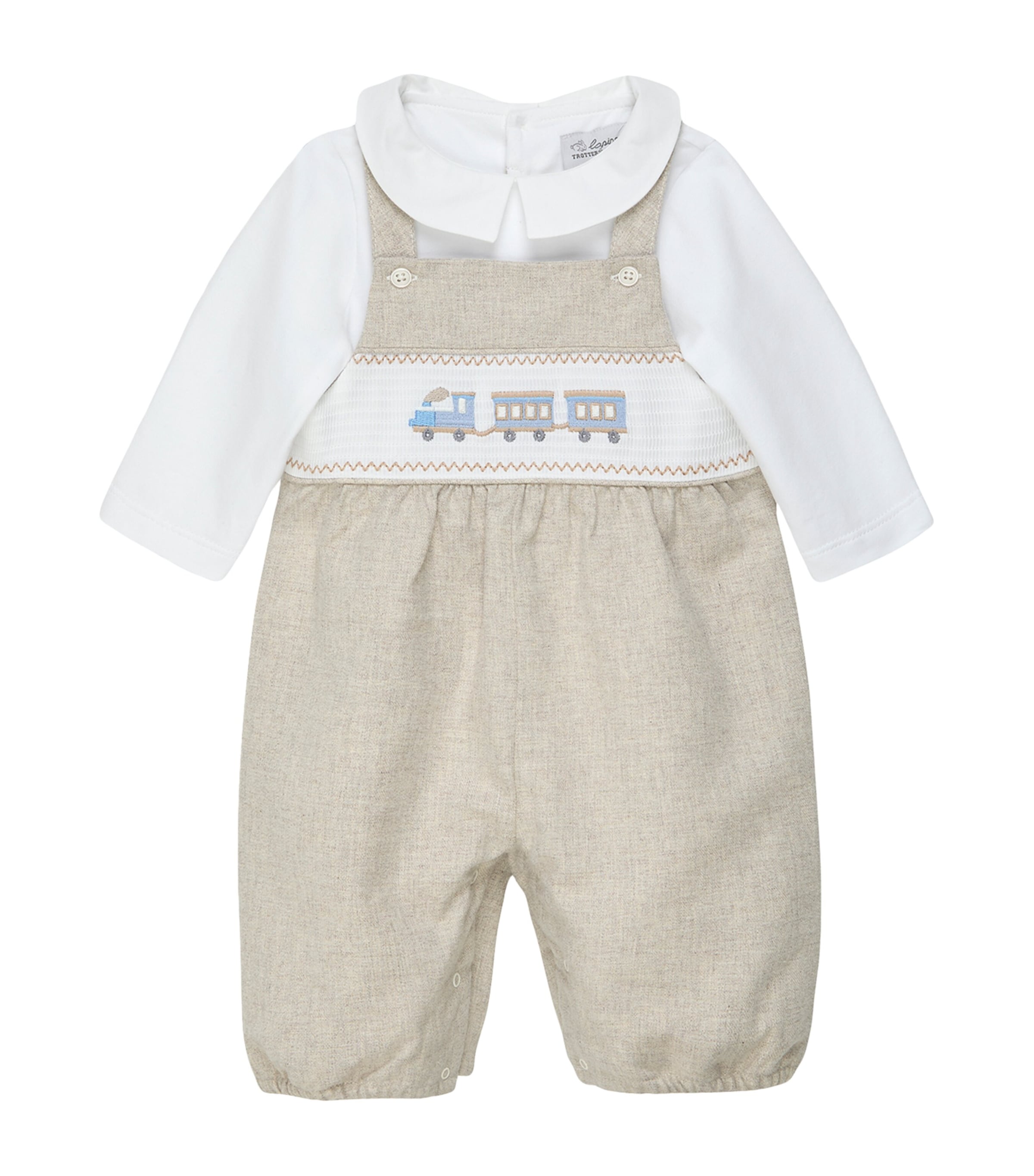 Trotters Smocked Train Dungaree Set (0-9 Months) Oatmeal