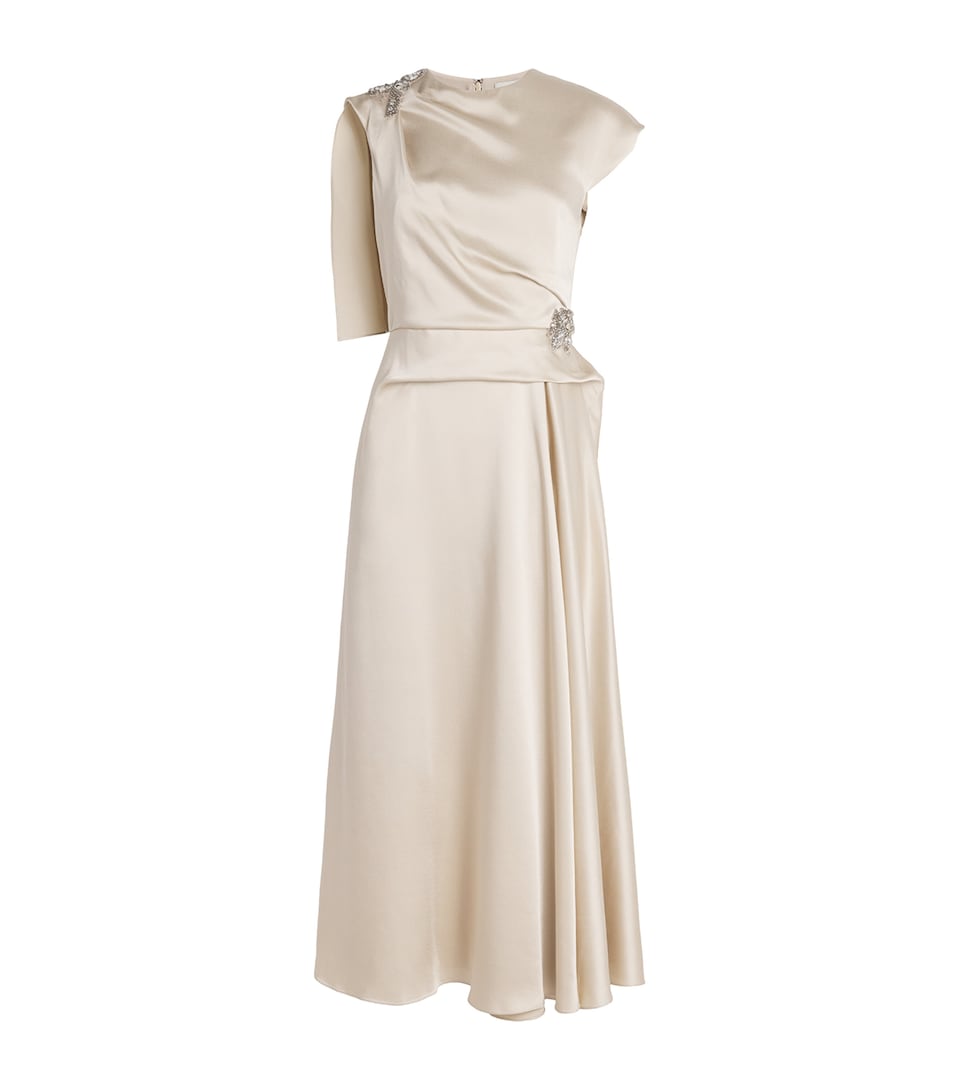 Satin Cady Embellished Draped Midi Dress