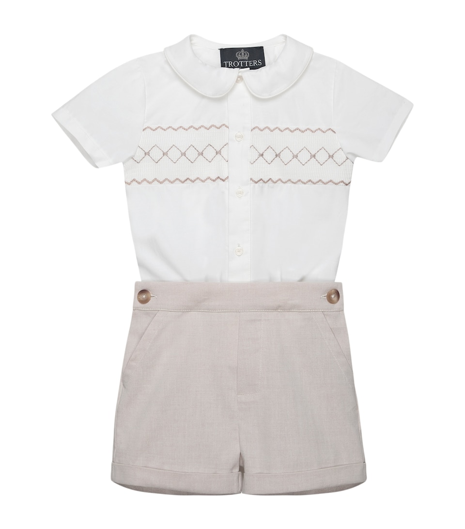 Trotters Cotton Smocked Rupert Playsuit (3-24 Months) Oatmeal/white