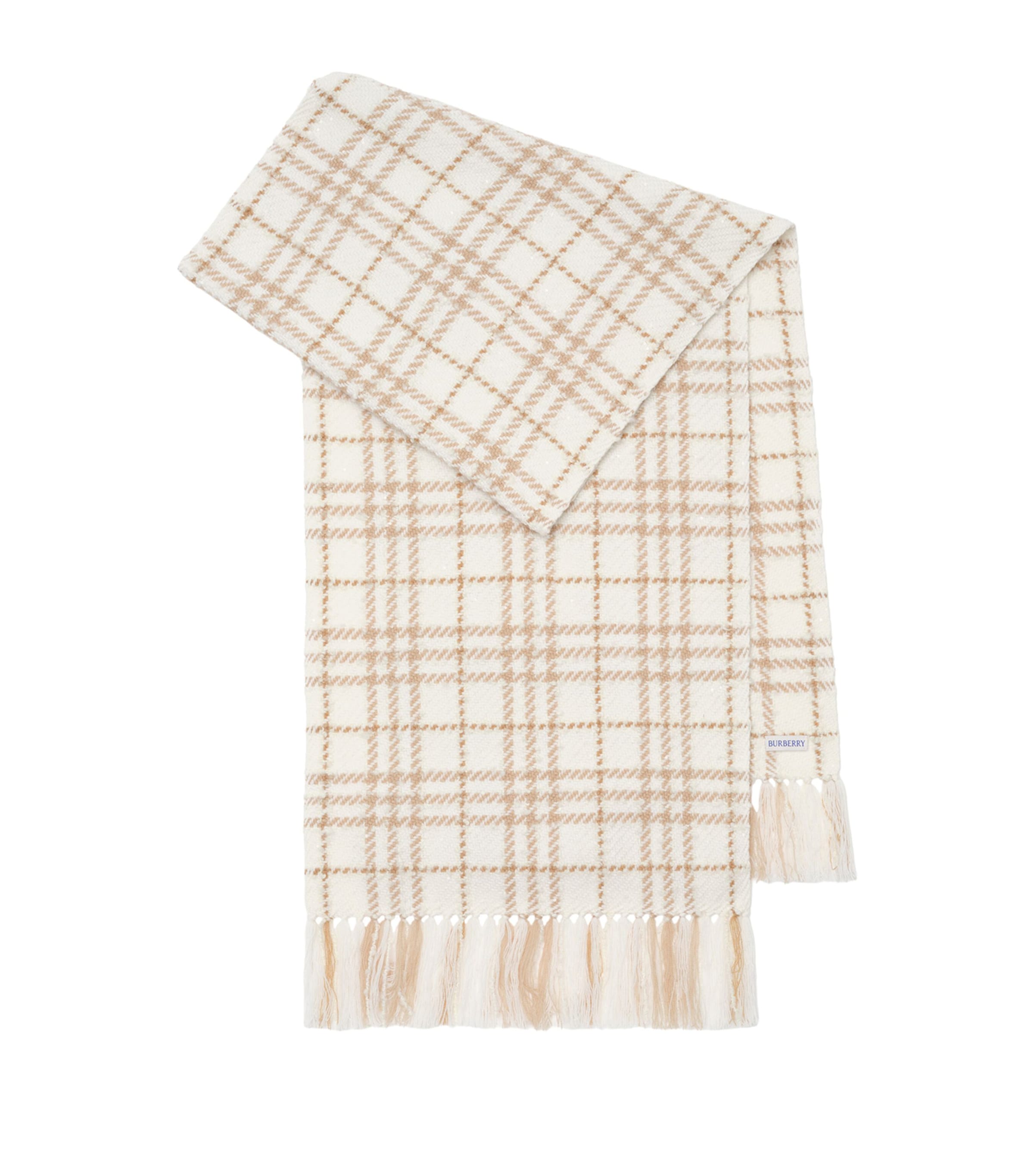 Burberry Cashmere-Silk-Wool Embellished Check Scarf Natural White