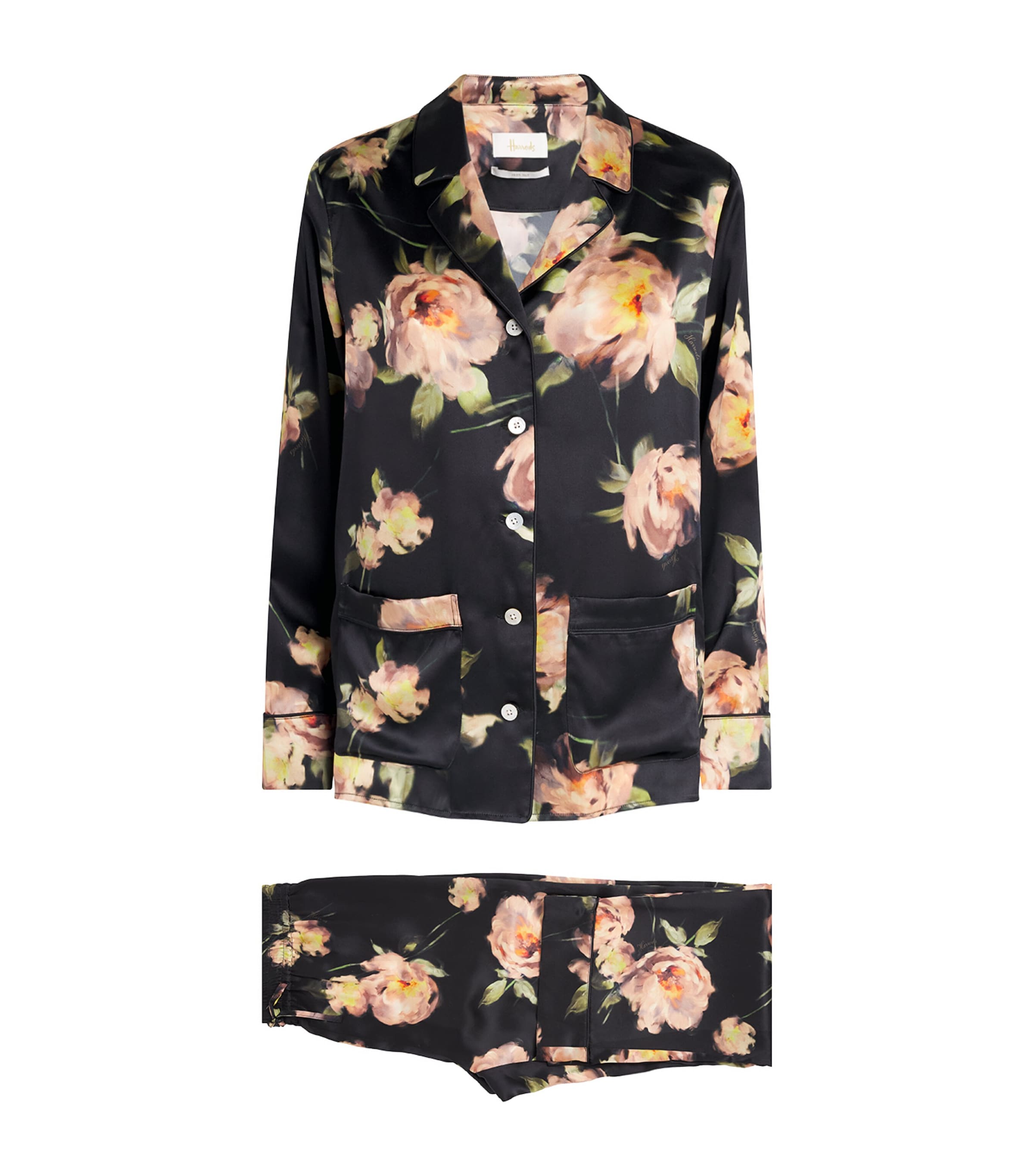 Harrods Womens Silk Midnight Rose Pyjama Set Black