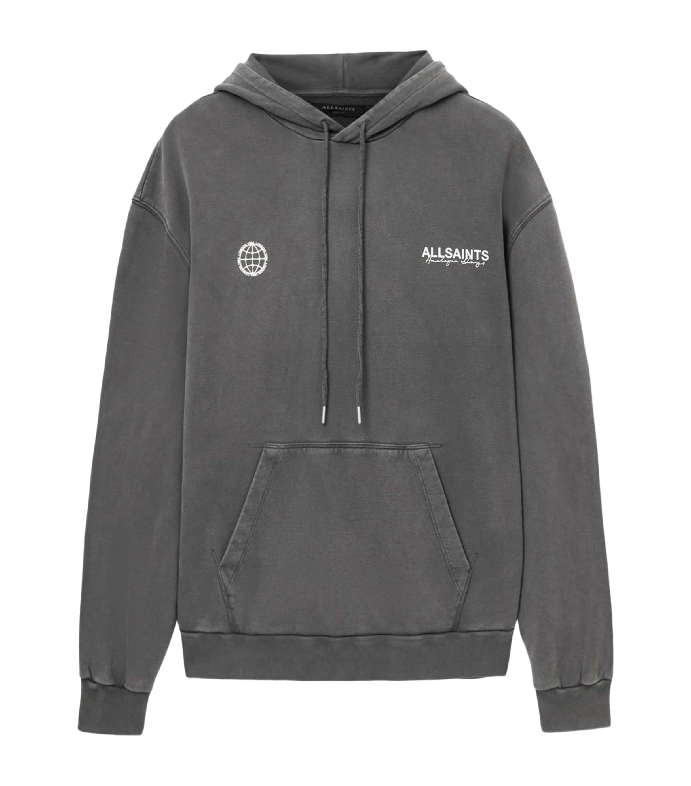 AllSaints Mens Organic Cotton Emblem Hoodie Washed Black