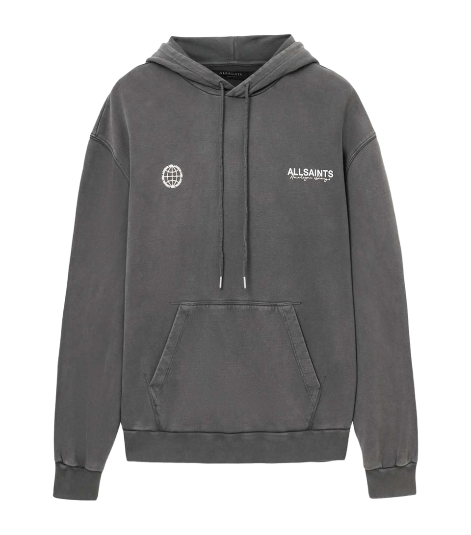 AllSaints Mens Organic Cotton Emblem Hoodie Washed Black