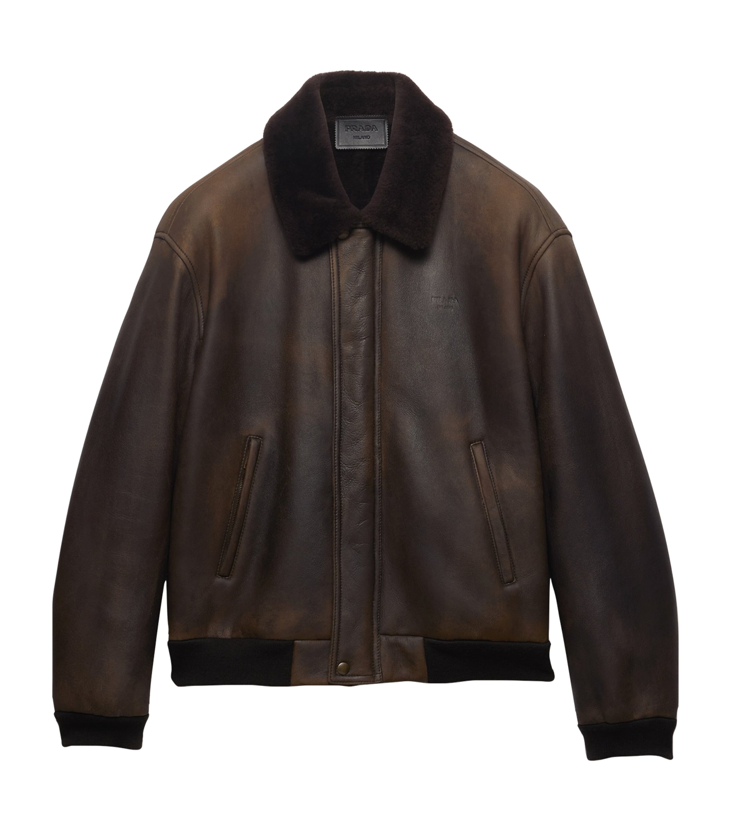 Prada Mens Shearling Bomber Jacket Brown