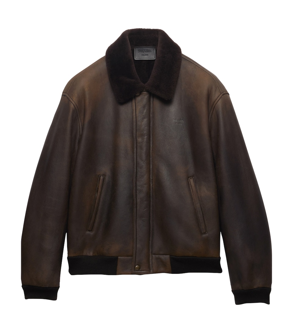 Prada Mens Shearling Bomber Jacket Brown