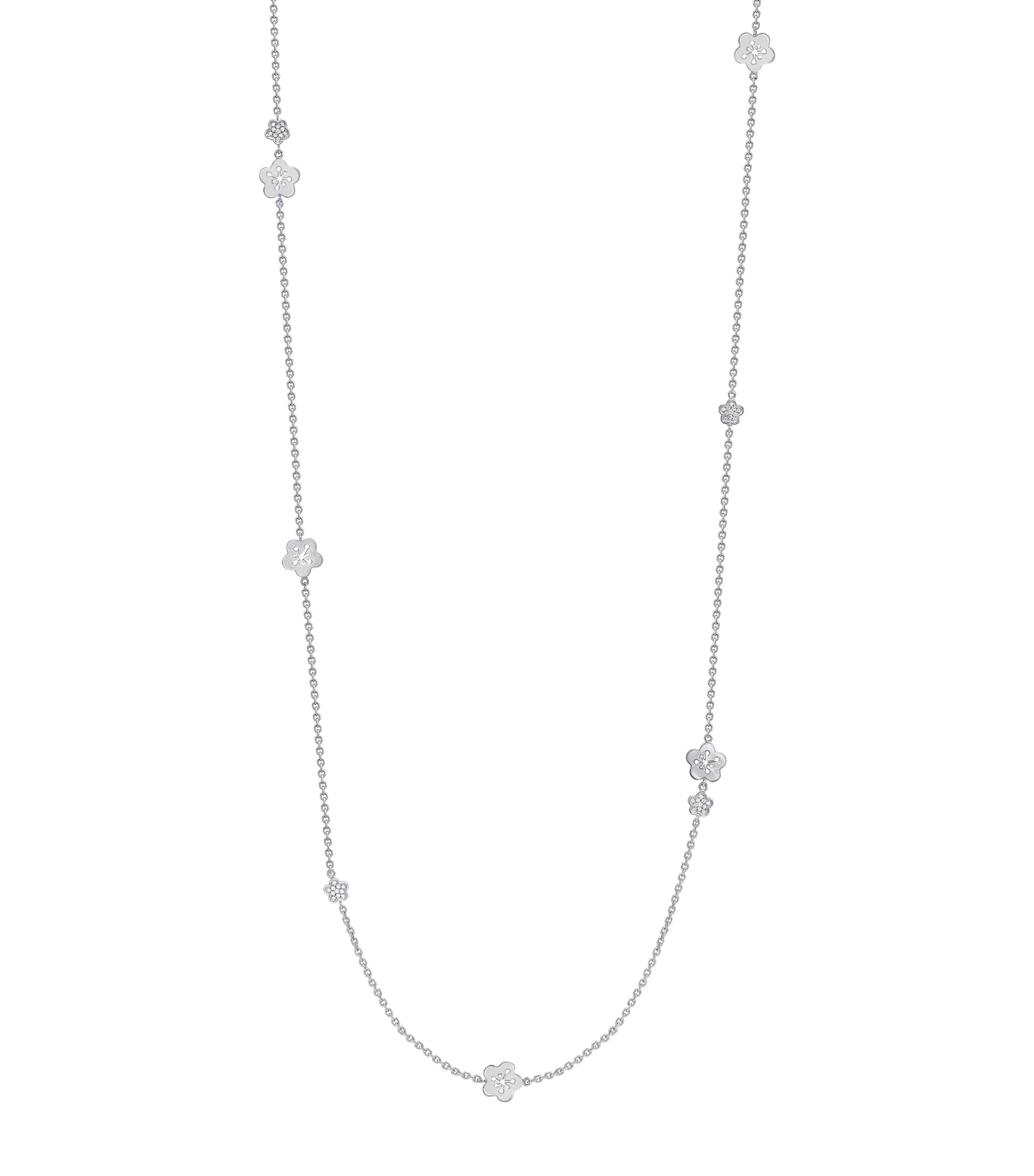 White Gold and Diamond Long Blossom Charm Necklace