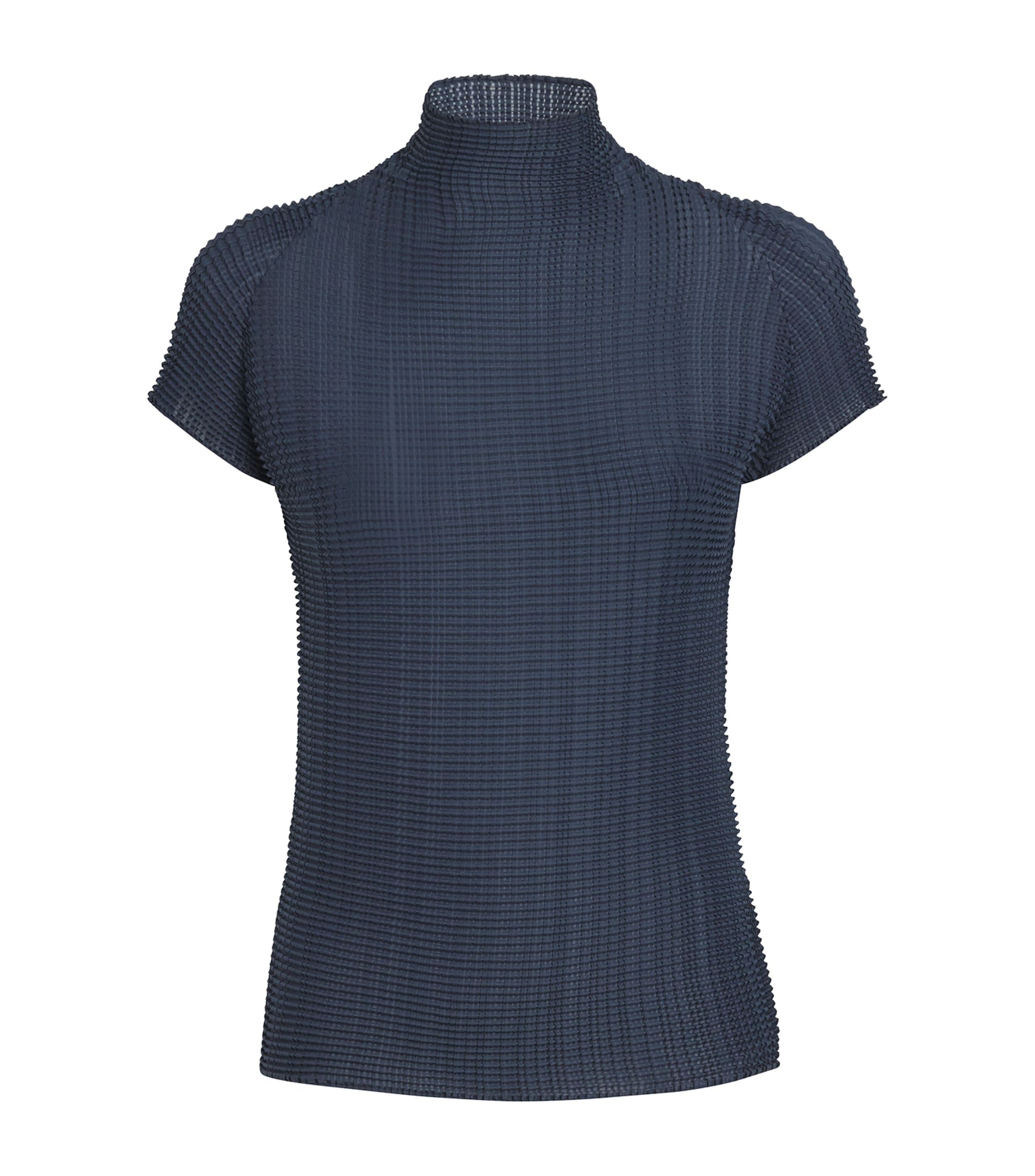 Issey Miyake Womens Wooly Pleats Mock-Neck Top Dark Navy
