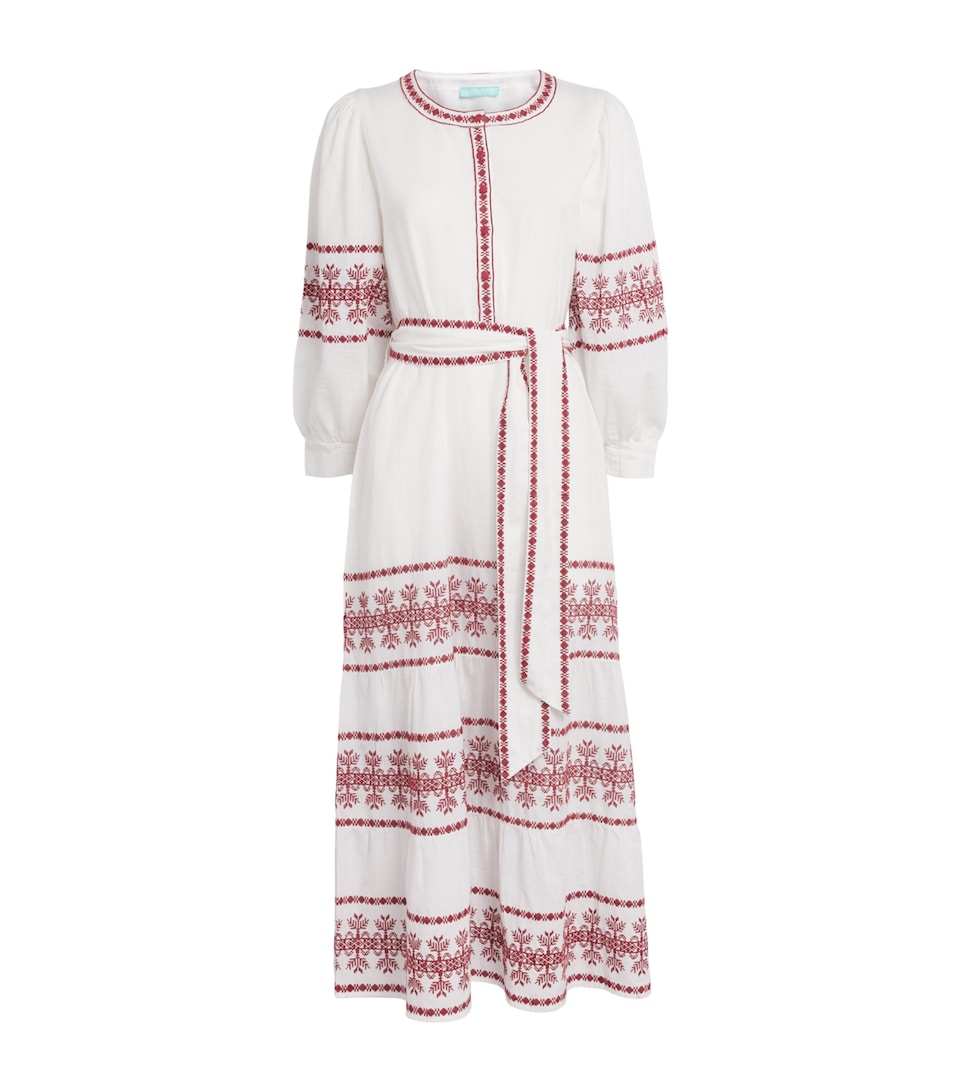 Melissa Odabash Womens Cotton-Linen Embroidered Hillary Midi Dress White/burgundy