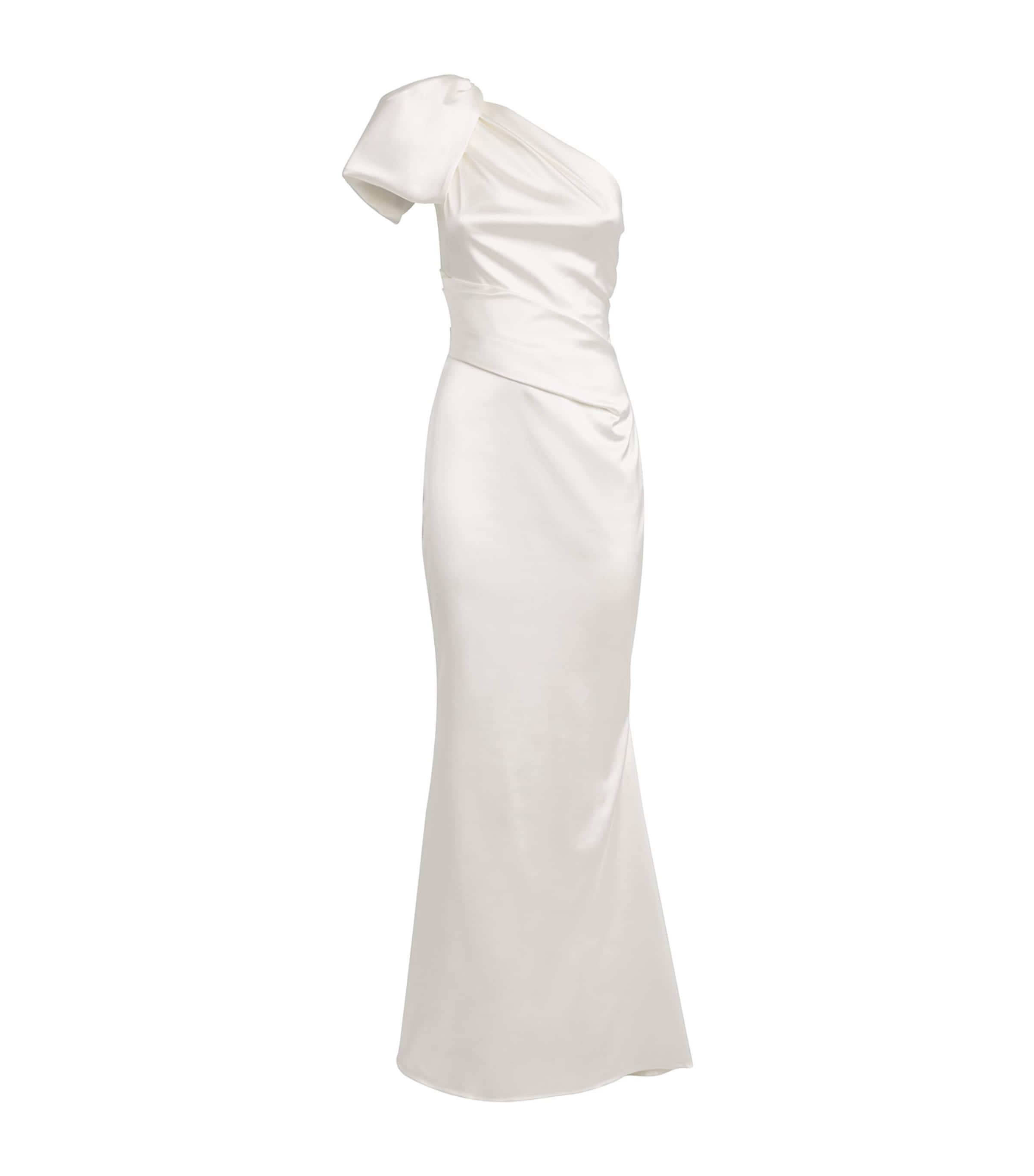 Talbot Runhof Womens Satin One-Shoulder Draped Gown Ivory