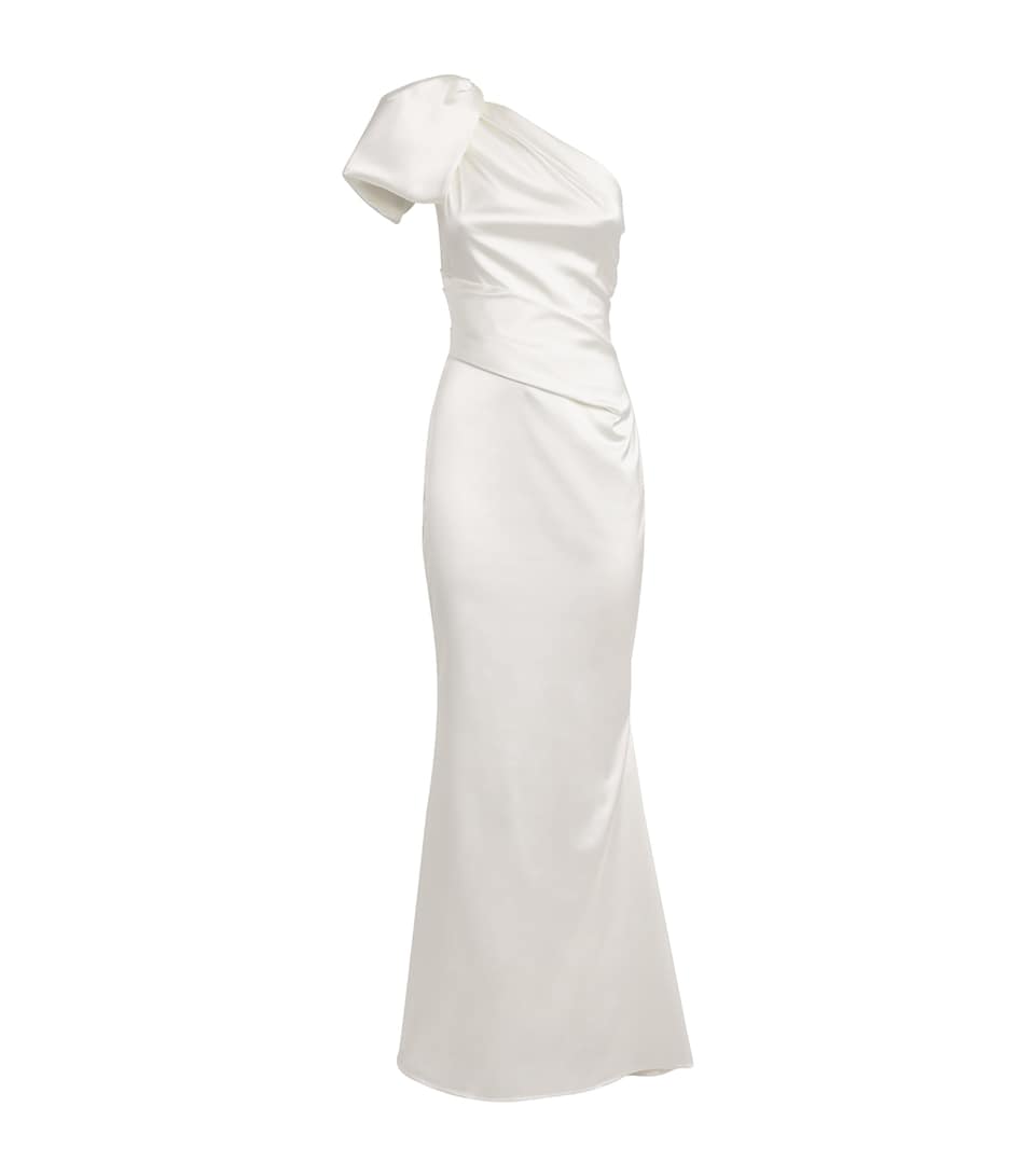 Talbot Runhof Womens Satin One-Shoulder Draped Gown Ivory