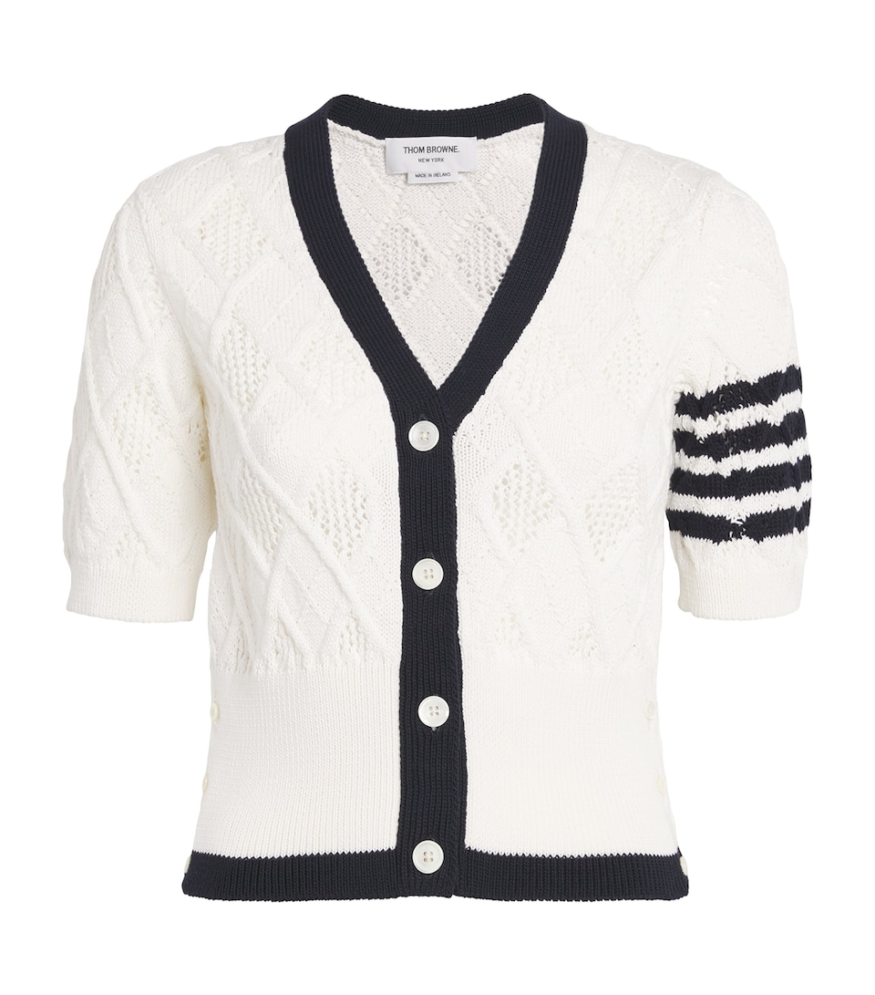 Thom Browne Womens Argyle Pointelle Knit Cardigan White