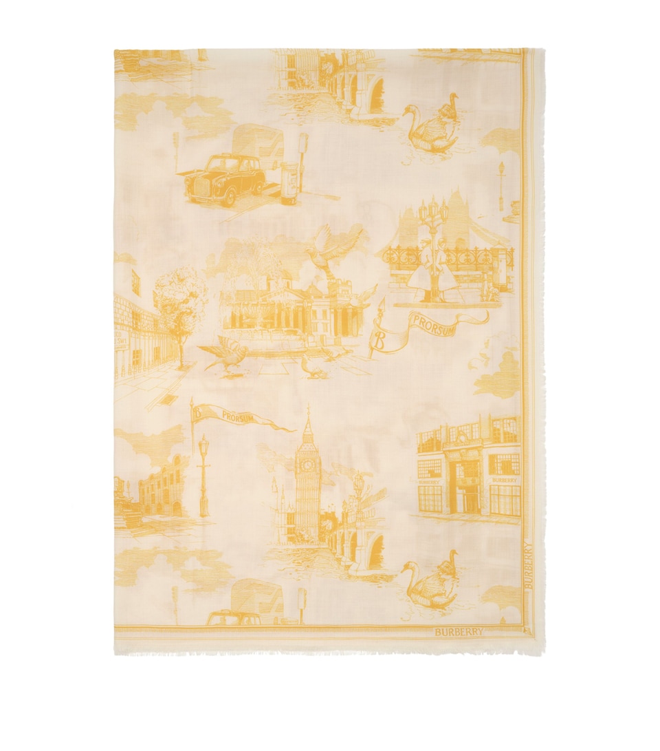 Burberry Wool-Silk London Landmarks Scarf Custard Beige