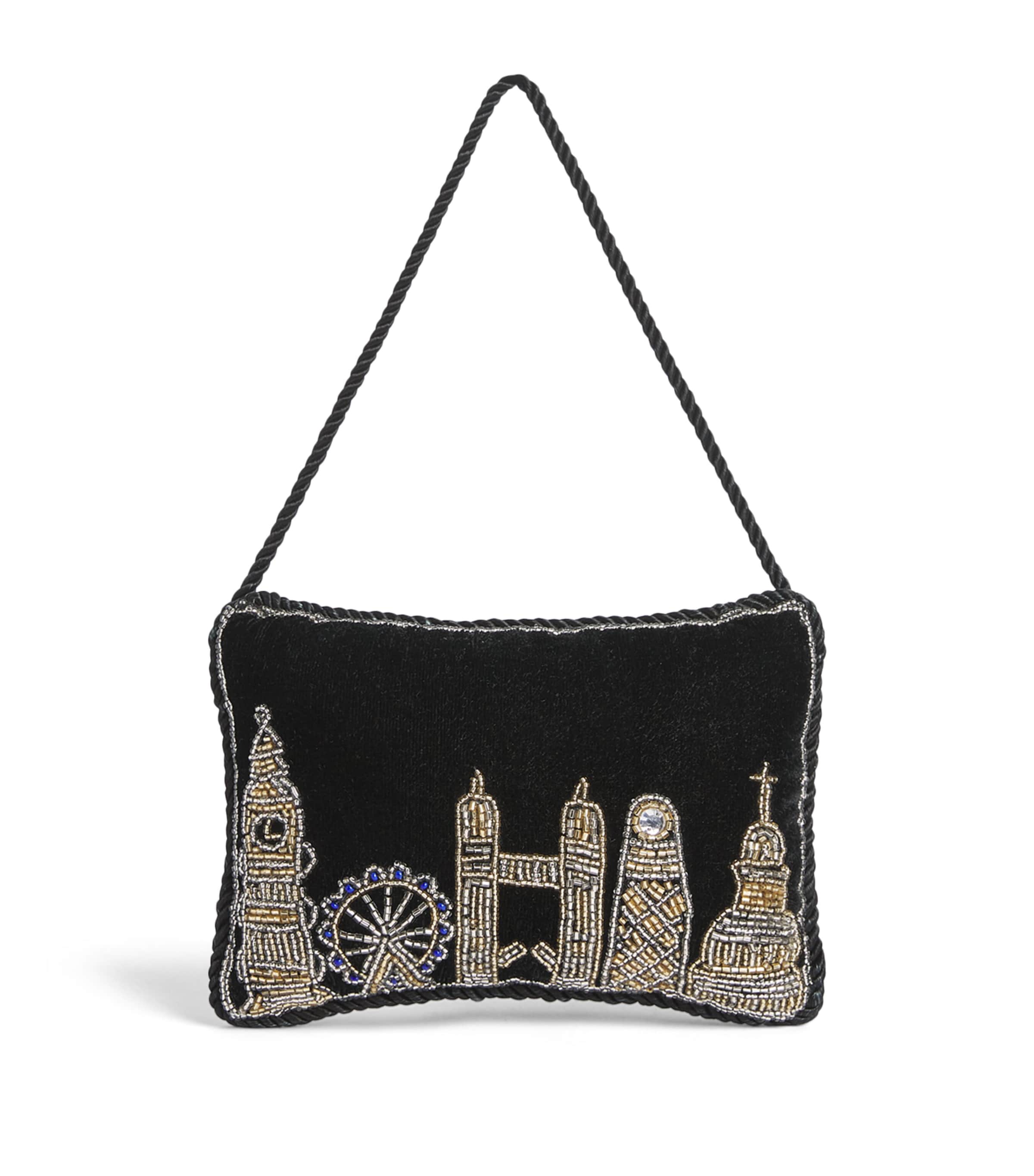Harrods Embroidered London Skyline Cushion Black