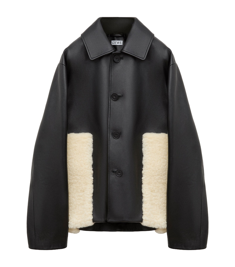 LOEWE Womens Nappa Lambskin Shearling-Trim Jacket Black