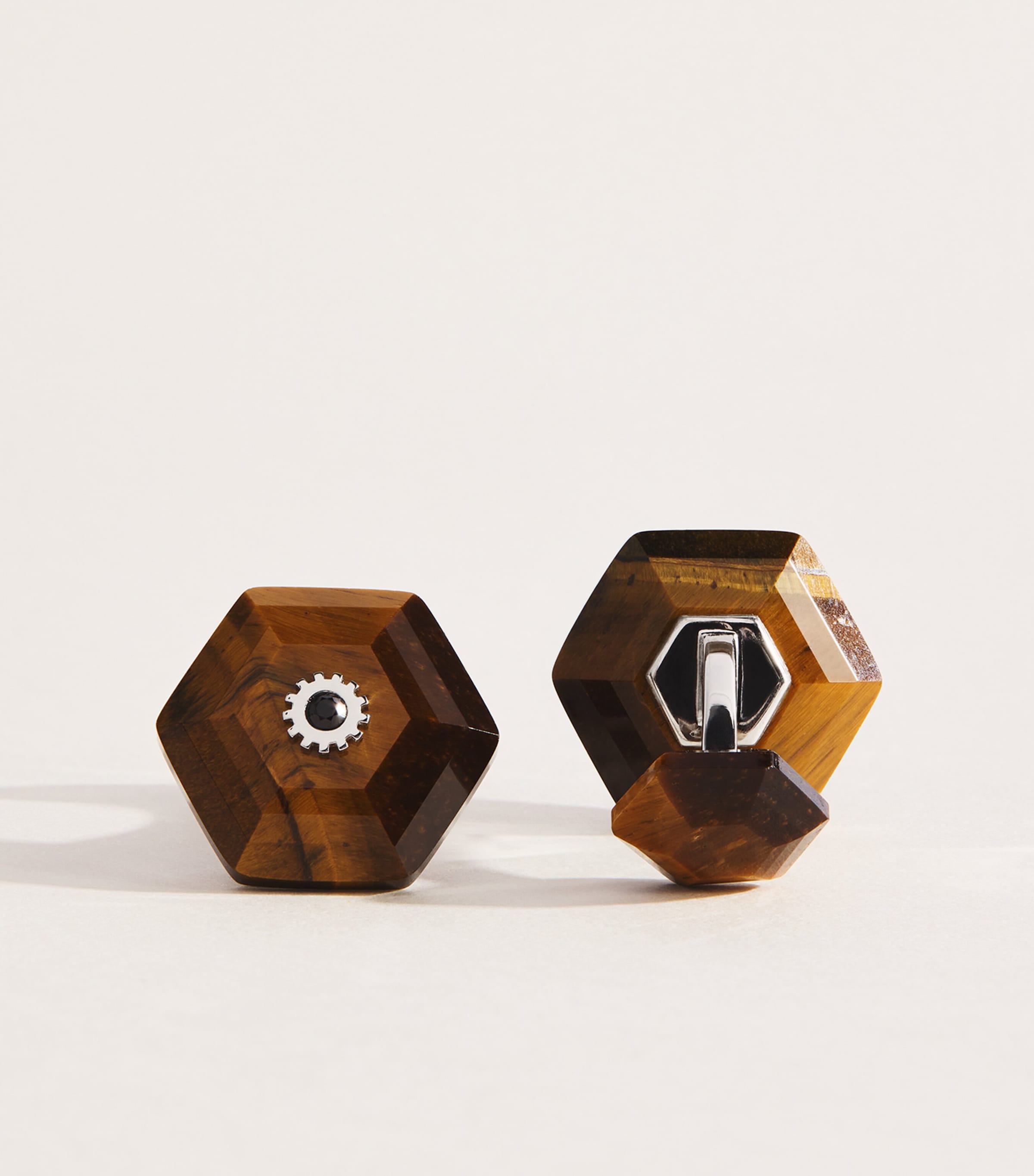 Tateossian Sterling Silver and Tiger Eye Hexagonal Cufflinks Brown