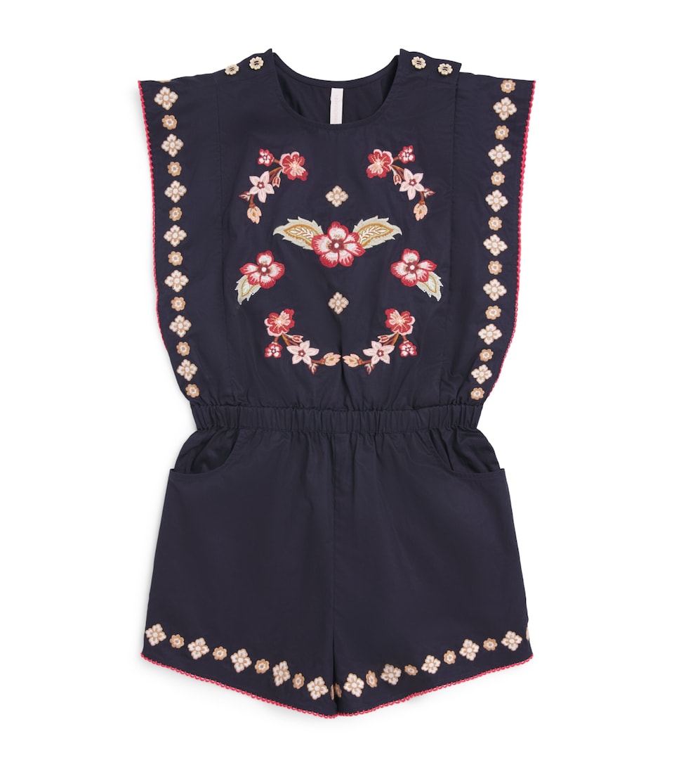 Zimmermann Kids Cotton Embroidered Aster Playsuit (2-12 Years) Dark Navy