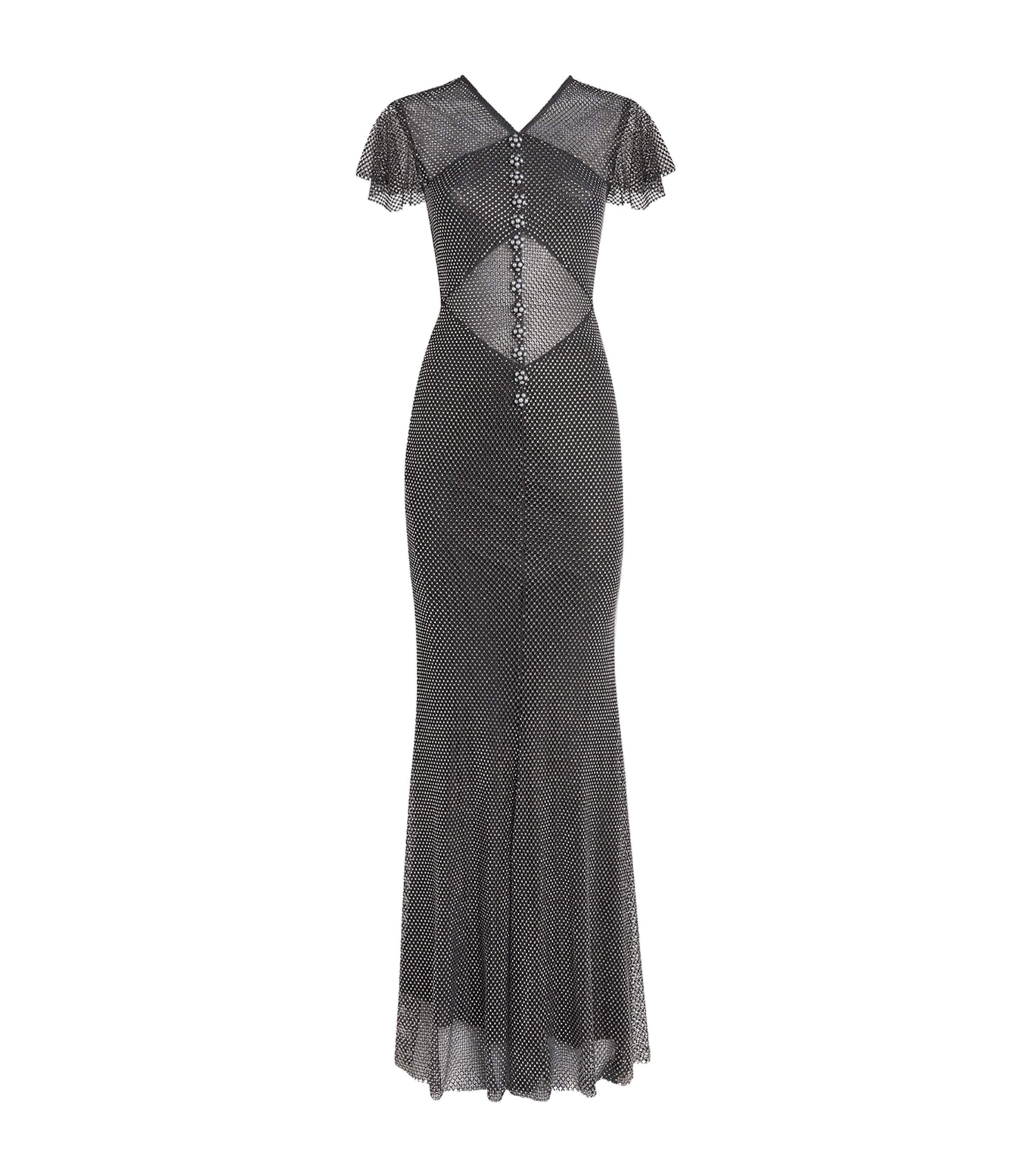 Self-Portrait Womens Rhinestone-Embellished Fishnet Maxi Dress Grey