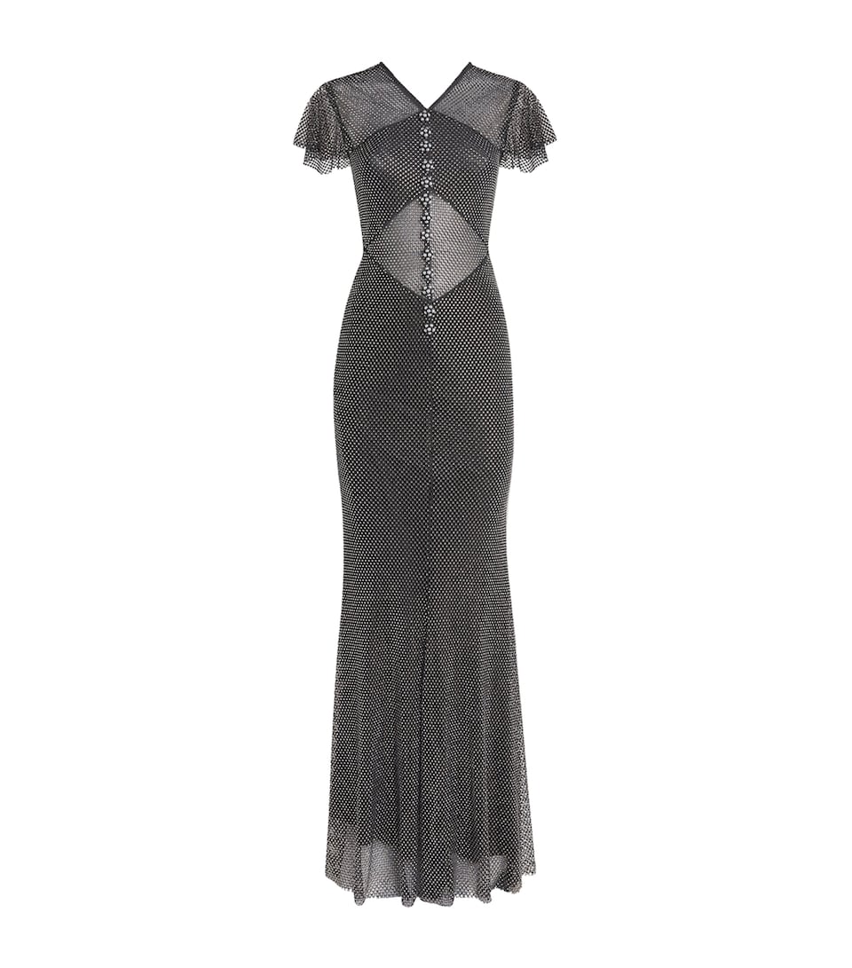 Self-Portrait Womens Rhinestone-Embellished Fishnet Maxi Dress Grey