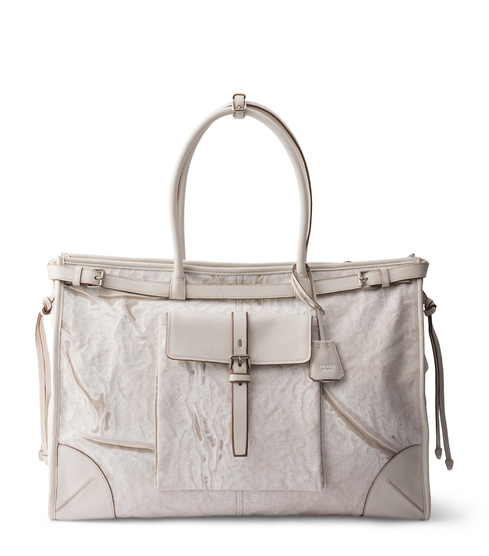 Prada Printed Linen and Leather Bonnie Tote Bag White