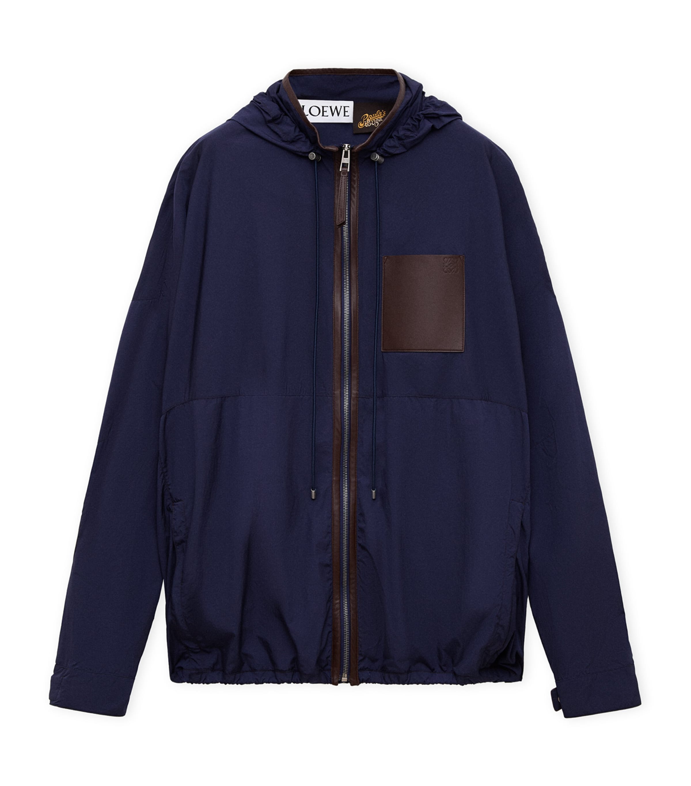 LOEWE Mens x Paula's Ibiza Leather-Trimmed Hooded Jacket Navy/brown