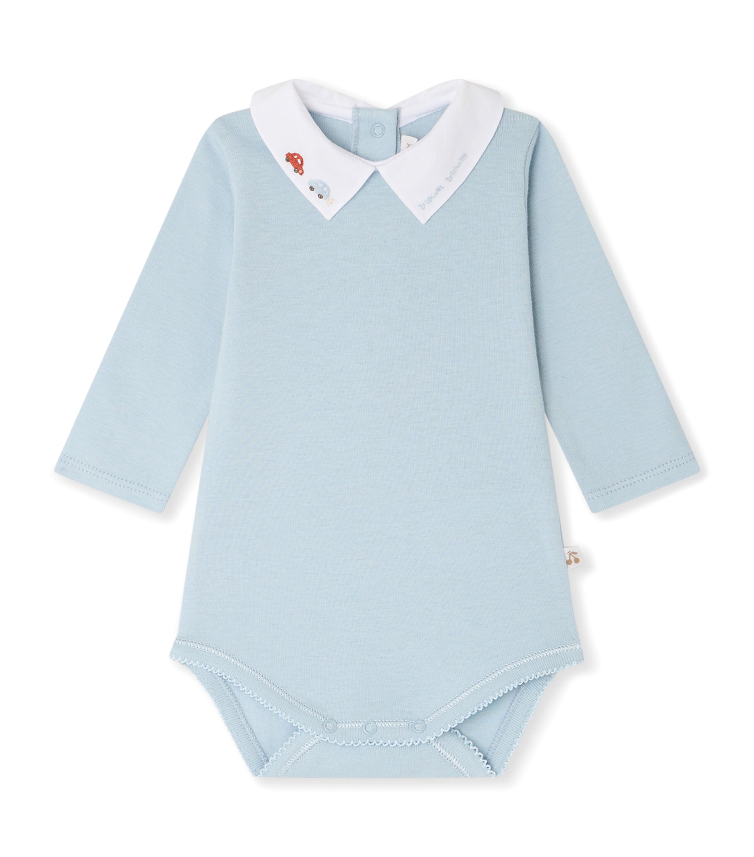 Bonpoint Cotton Embroidered-Collar Bodysuit (1-24 Months) Bleu Moyen