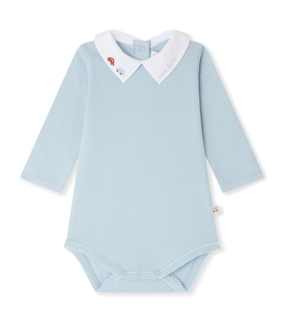 Bonpoint Cotton Embroidered-Collar Bodysuit (1-24 Months) Bleu Moyen