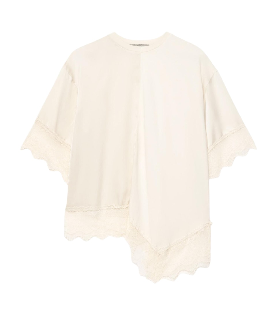 AllSaints Womens Cotton Lace-Trim Lenny T-Shirt Champagne White