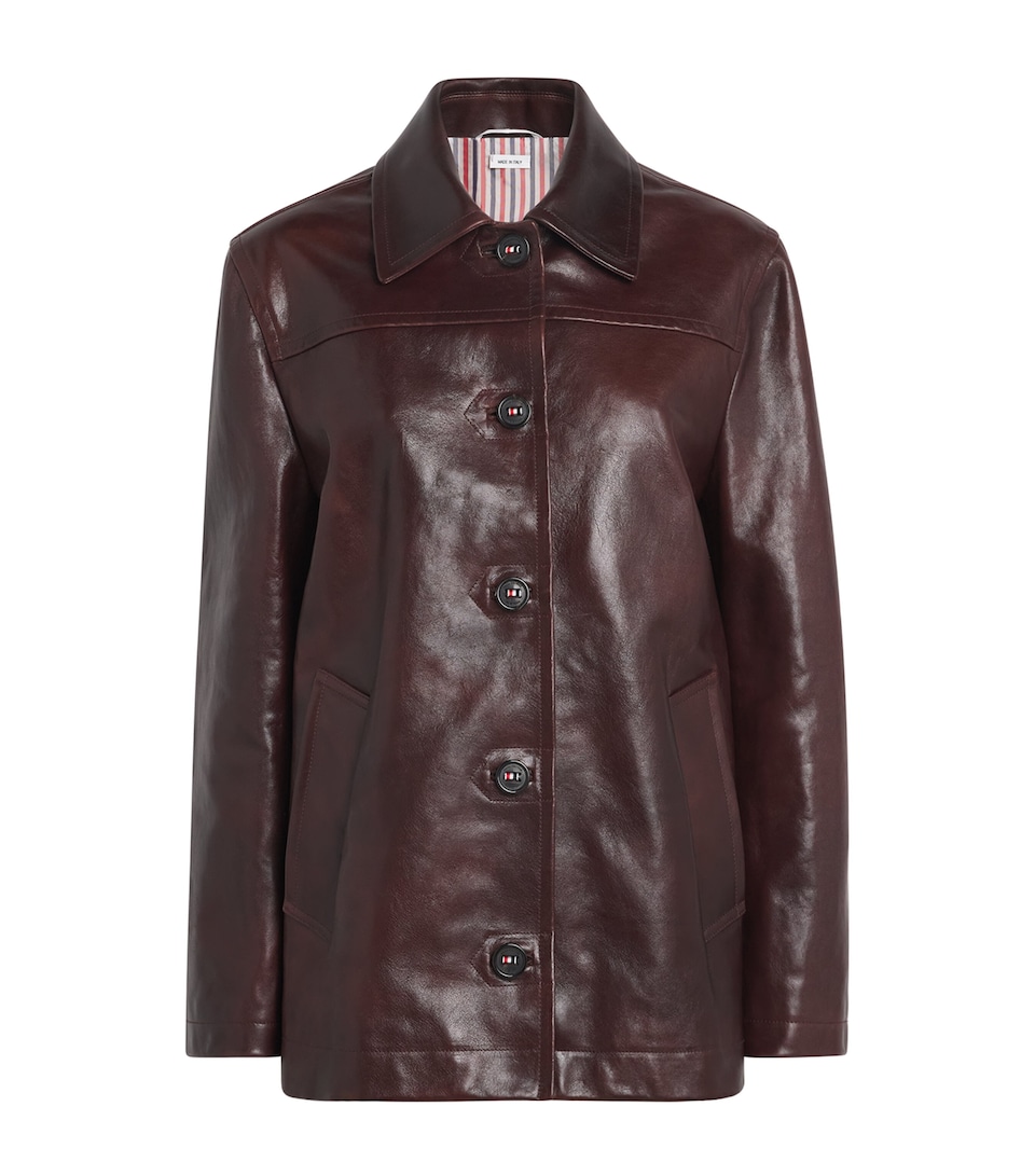 Thom Browne Womens Dockside Leather Coat Burgundy