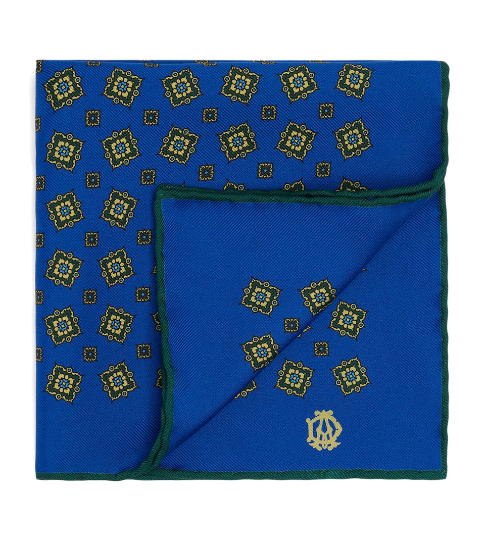 Dunhill Mulberry Silk Scattered Medallion Pocket Square Blue