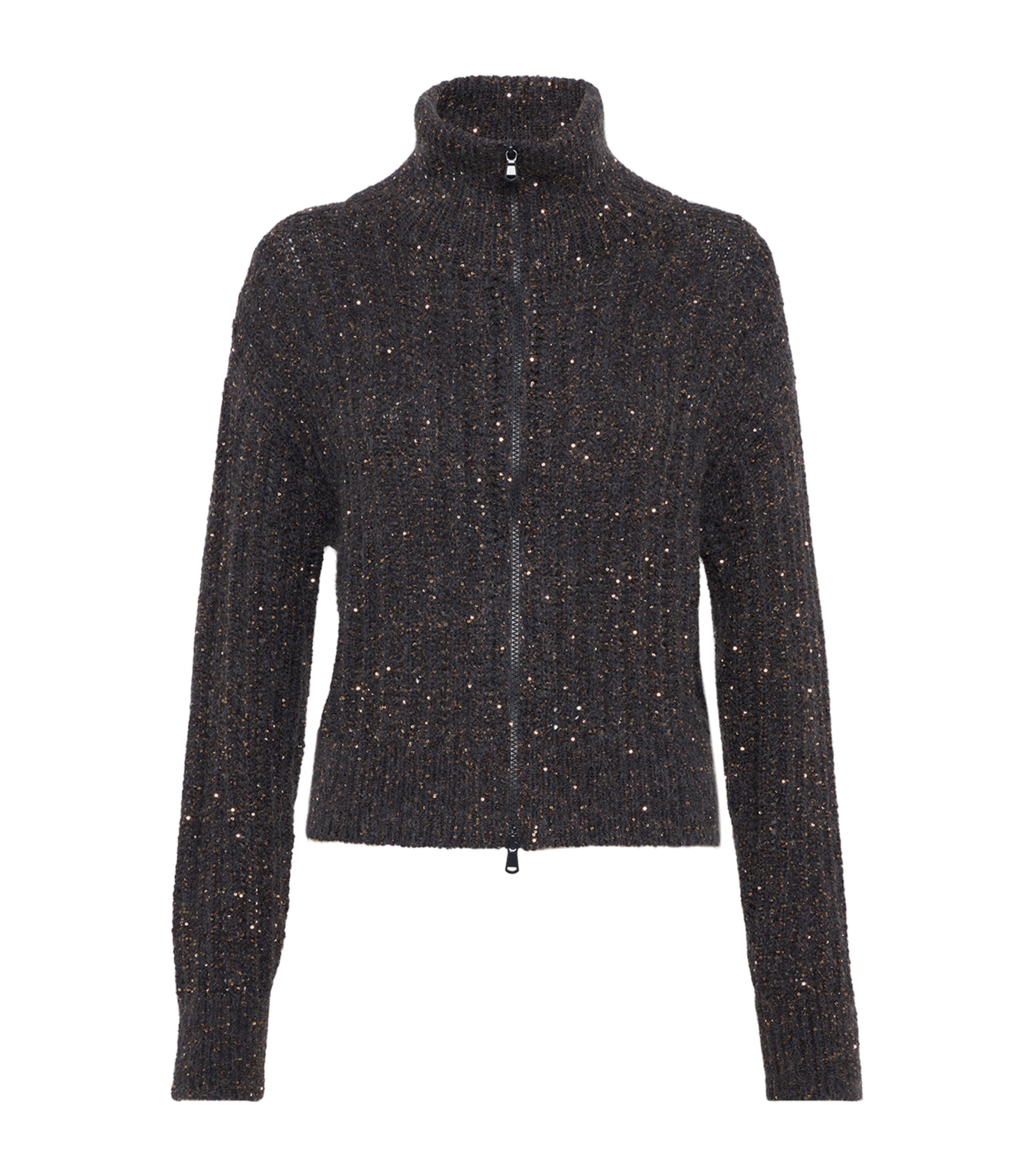 Sequin-Embellished High-Neck Cardigan