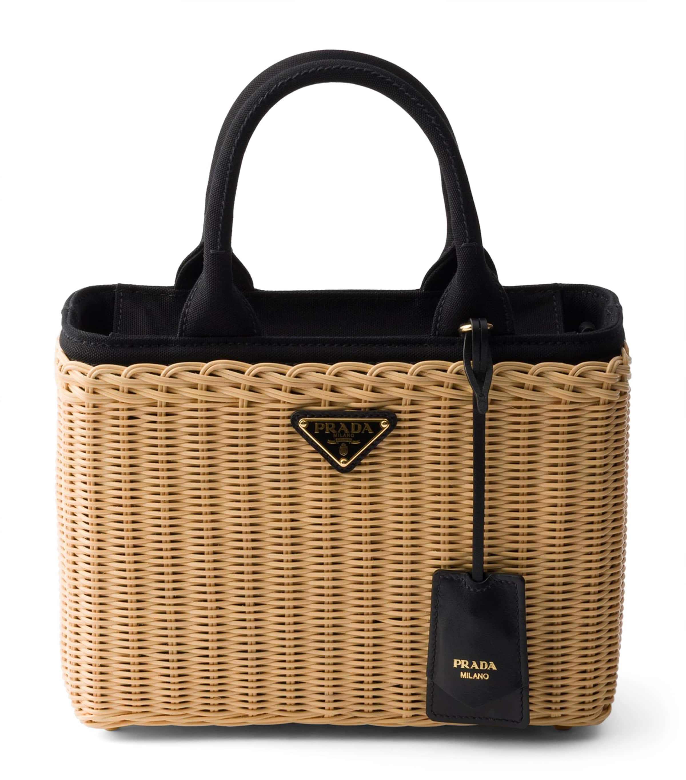 Prada Medium Wicker and Canvas Tote Bag Neutral