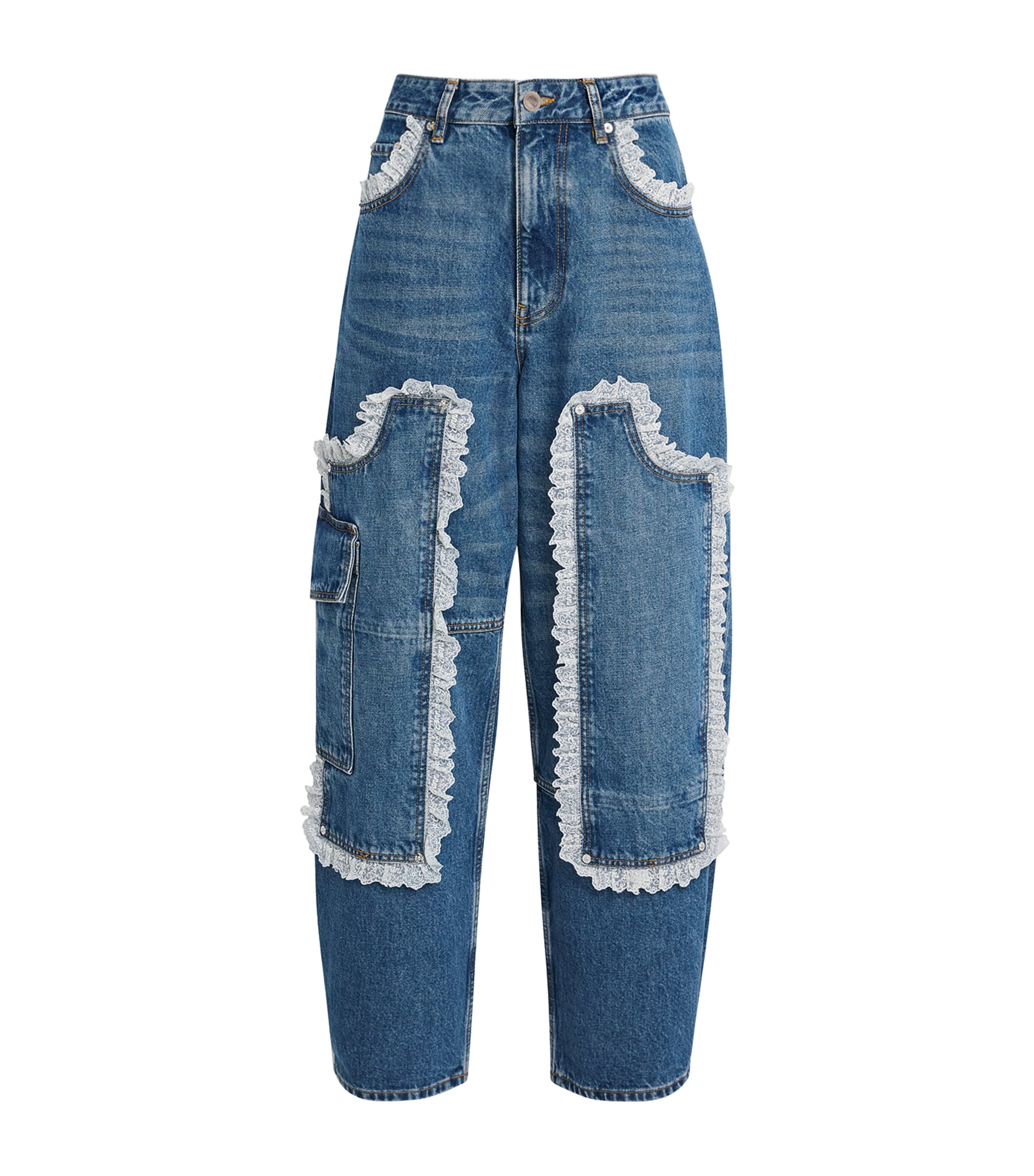 GANNI Womens Rigid Audri Lace Low-Rise Barrel Jeans Bl Vntg