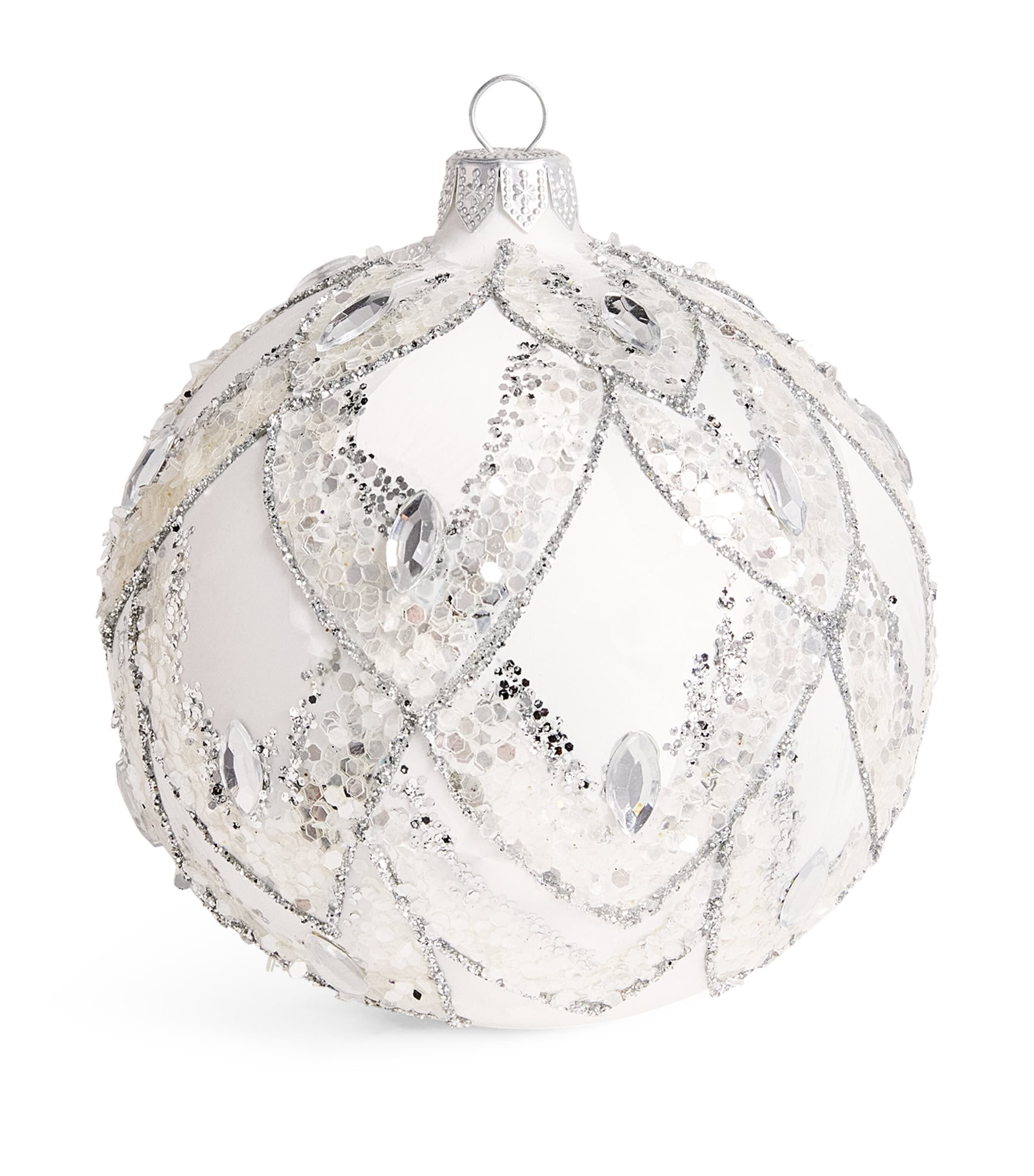 Harrods Glass Glitter Flower Bauble Silver