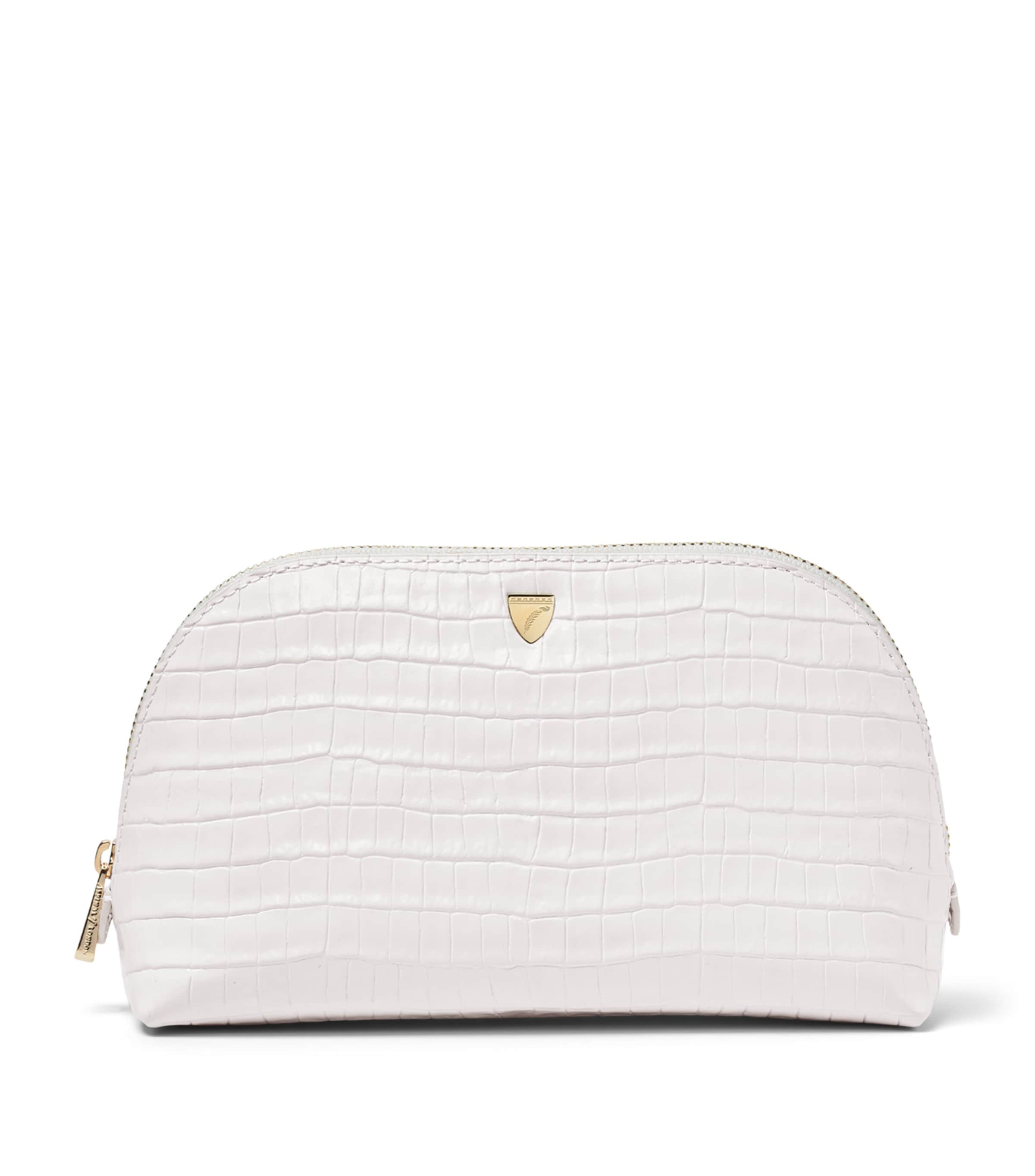 Aspinal Of London Small Leather Croc-Embossed Cosmetic Case Chalk White
